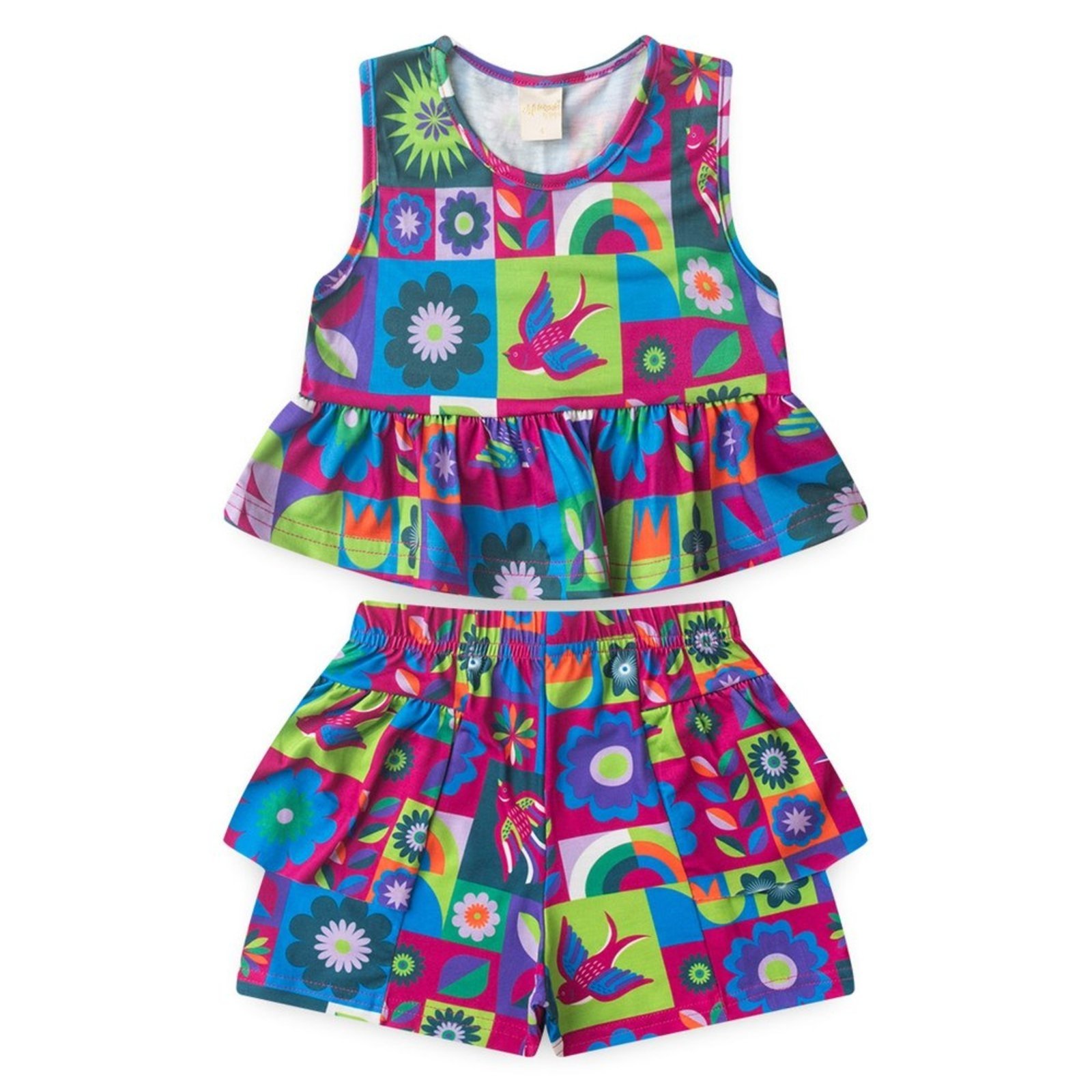 Vista 3 Infantil - Conjunto Molekada Verão Menina Pink Cropped Regata e Shorts Com Babado Mosaico de Flores rosa pink Molekada rosa pink