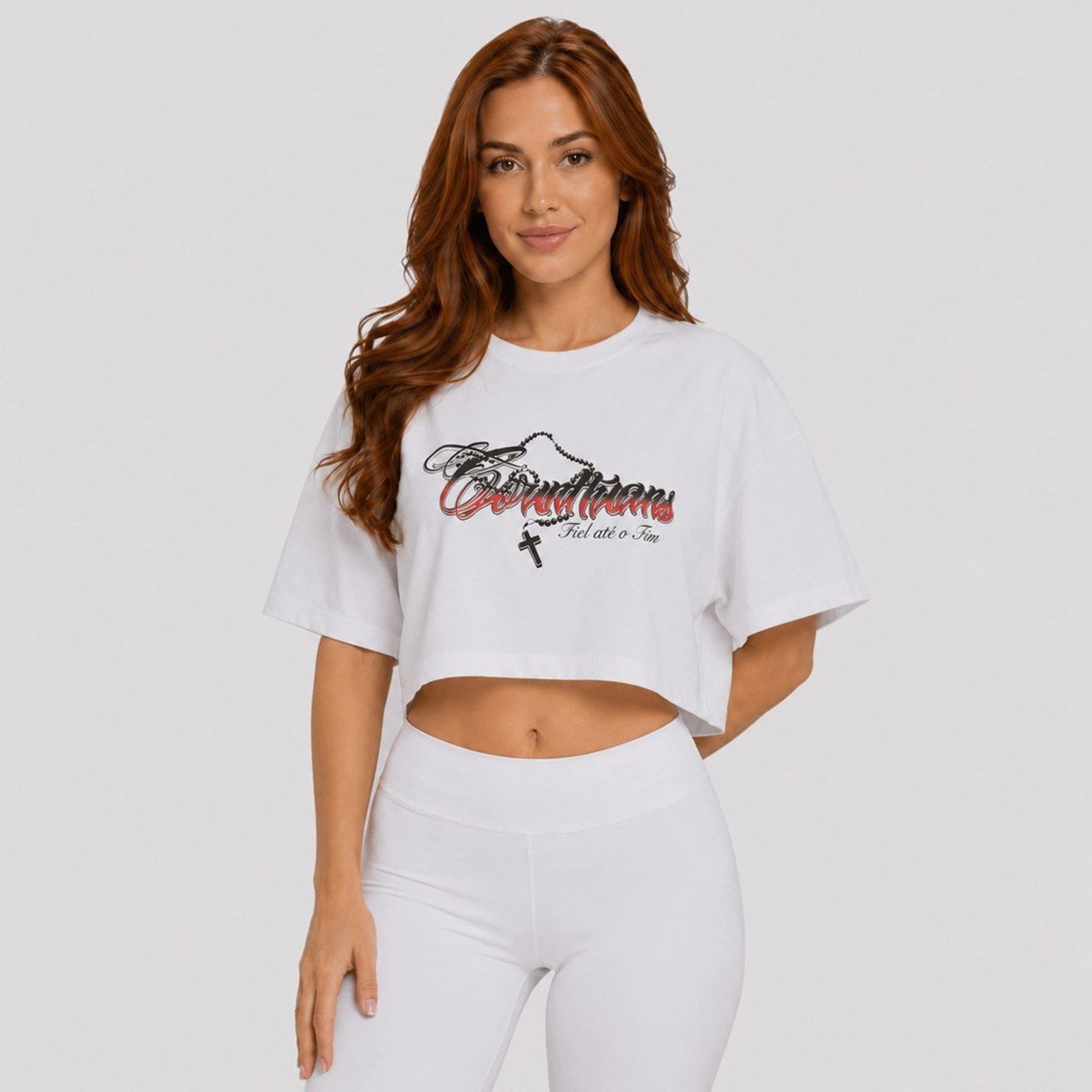 Cropped Corinthians Fiel Até o Fim Oversized Feminino Branco