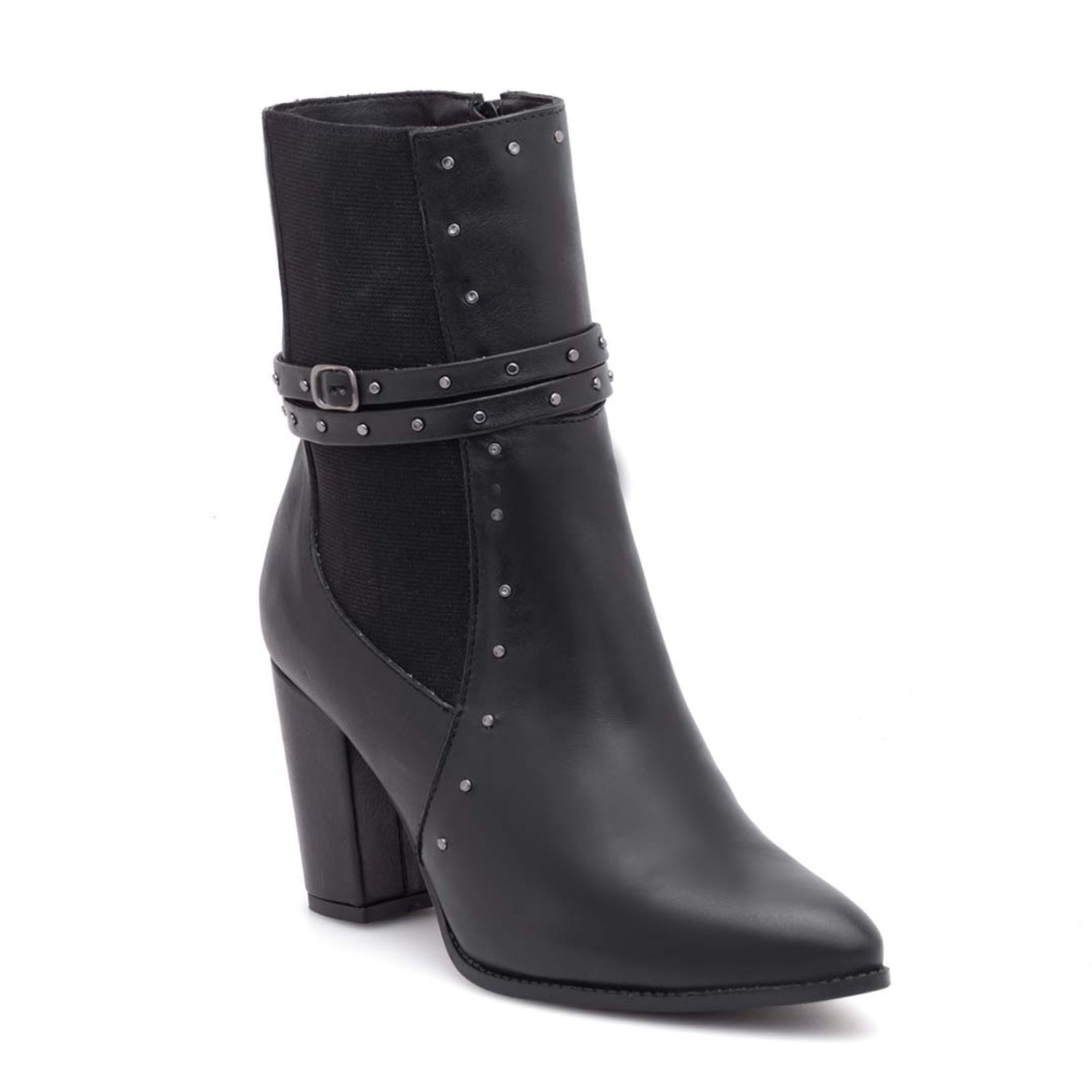 Bota Feminina Salto Couro Bico Fino Elástico Via Miss Preto