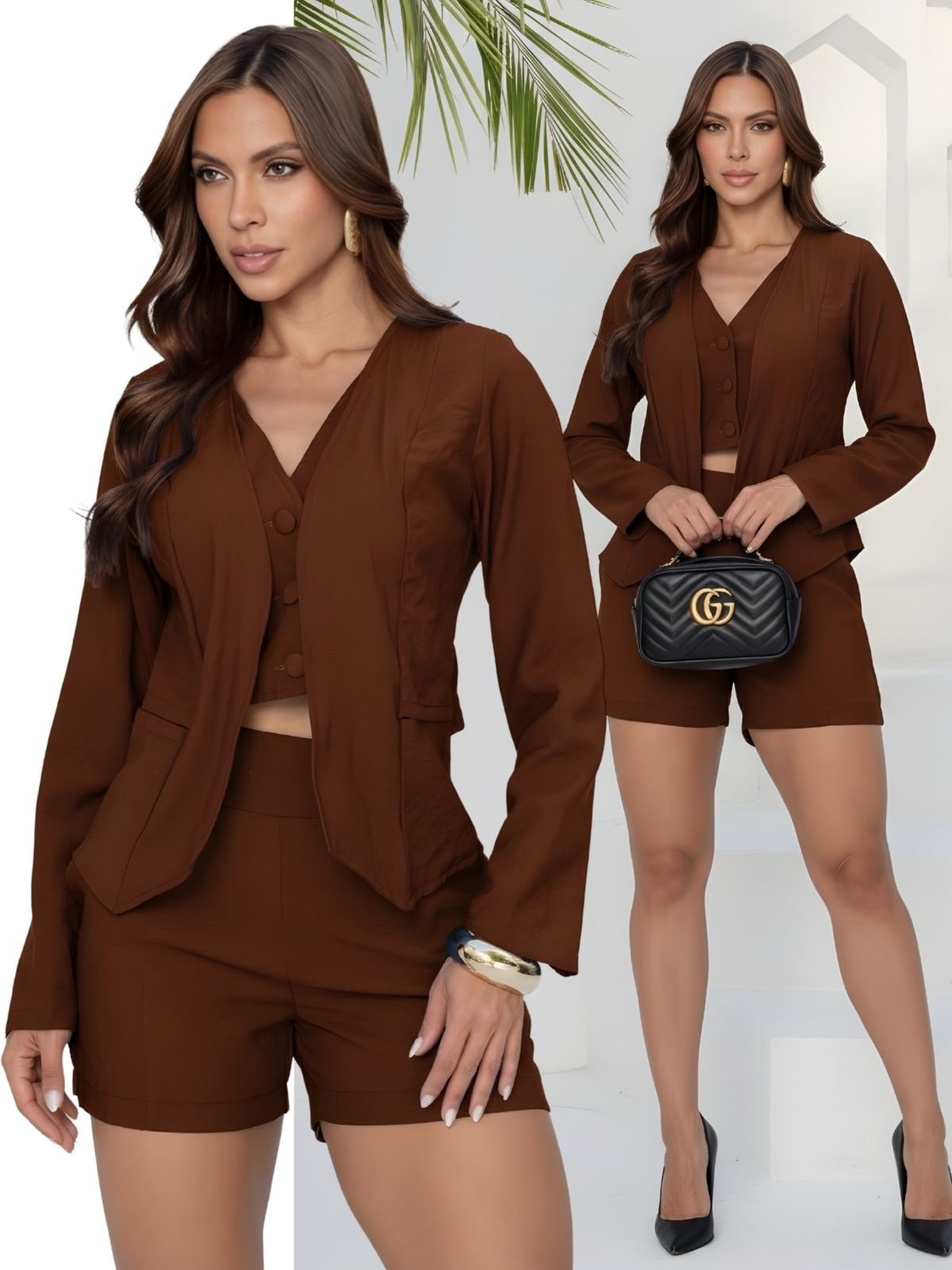 Conjunto Feminino Tropical Fashion Colete Cropped Duplo Shorts Alfaiataria – Marrom Escuro