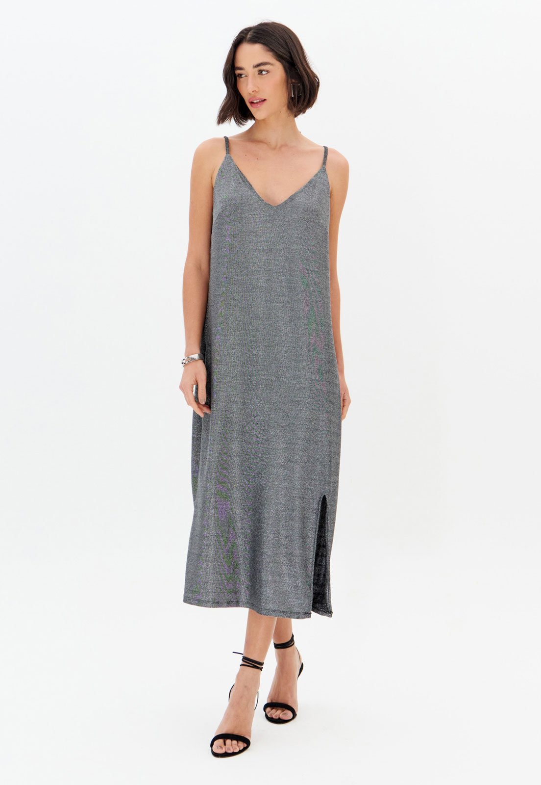 Vestido Lança Perfume Alças Finas Decote V Prata