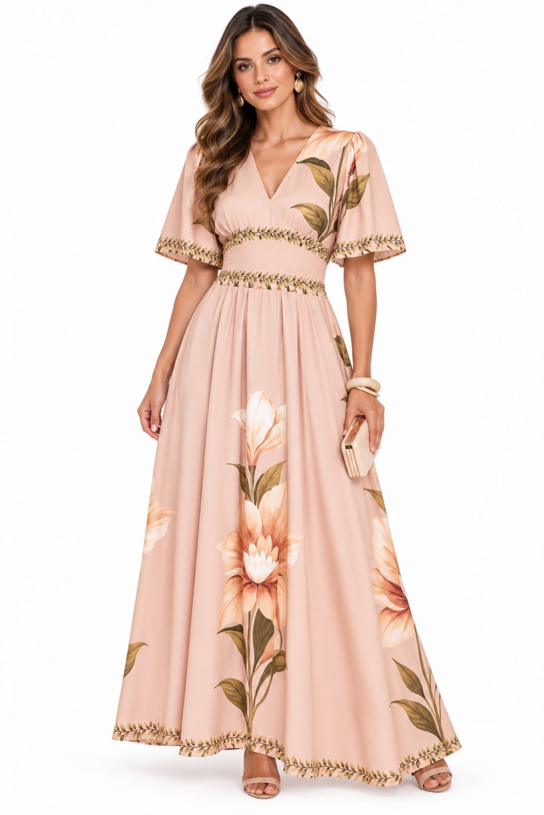 Vestido Longo D Bell Outlet Fashion Estampa Floral Decote V Rosa Claro