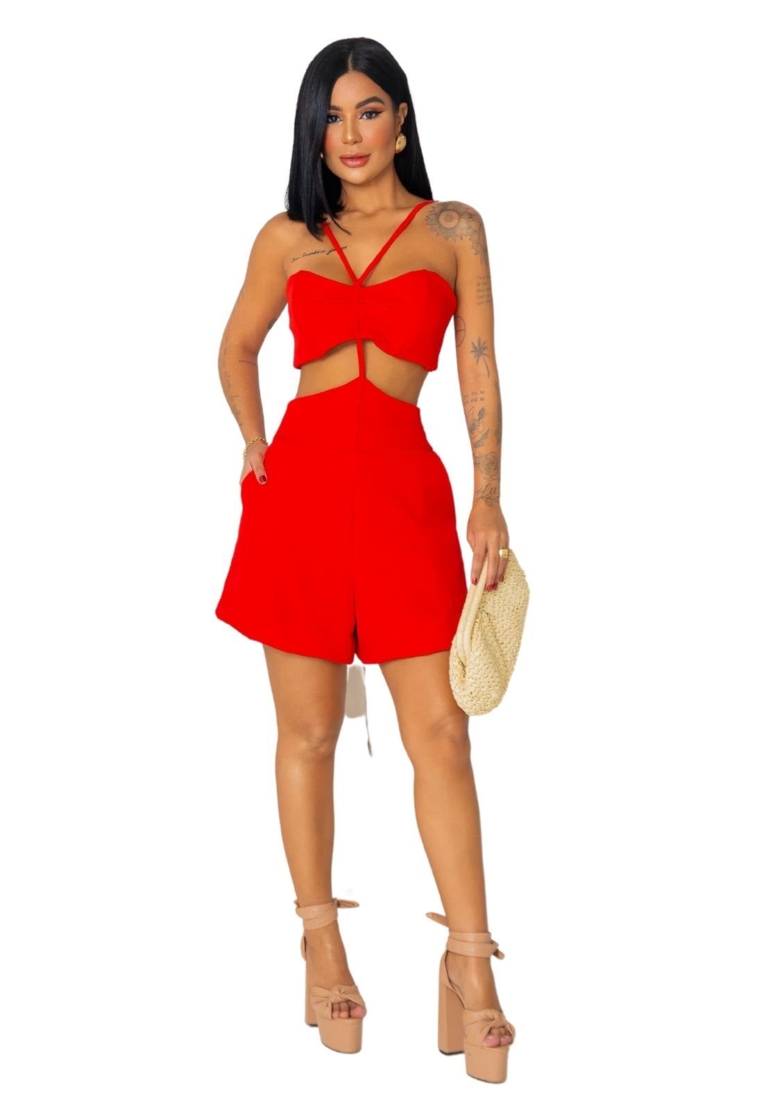 Macaquinho Cut Out Abertura Alfaiataria Bolsos Flavy Cia do vestido Vermelho
