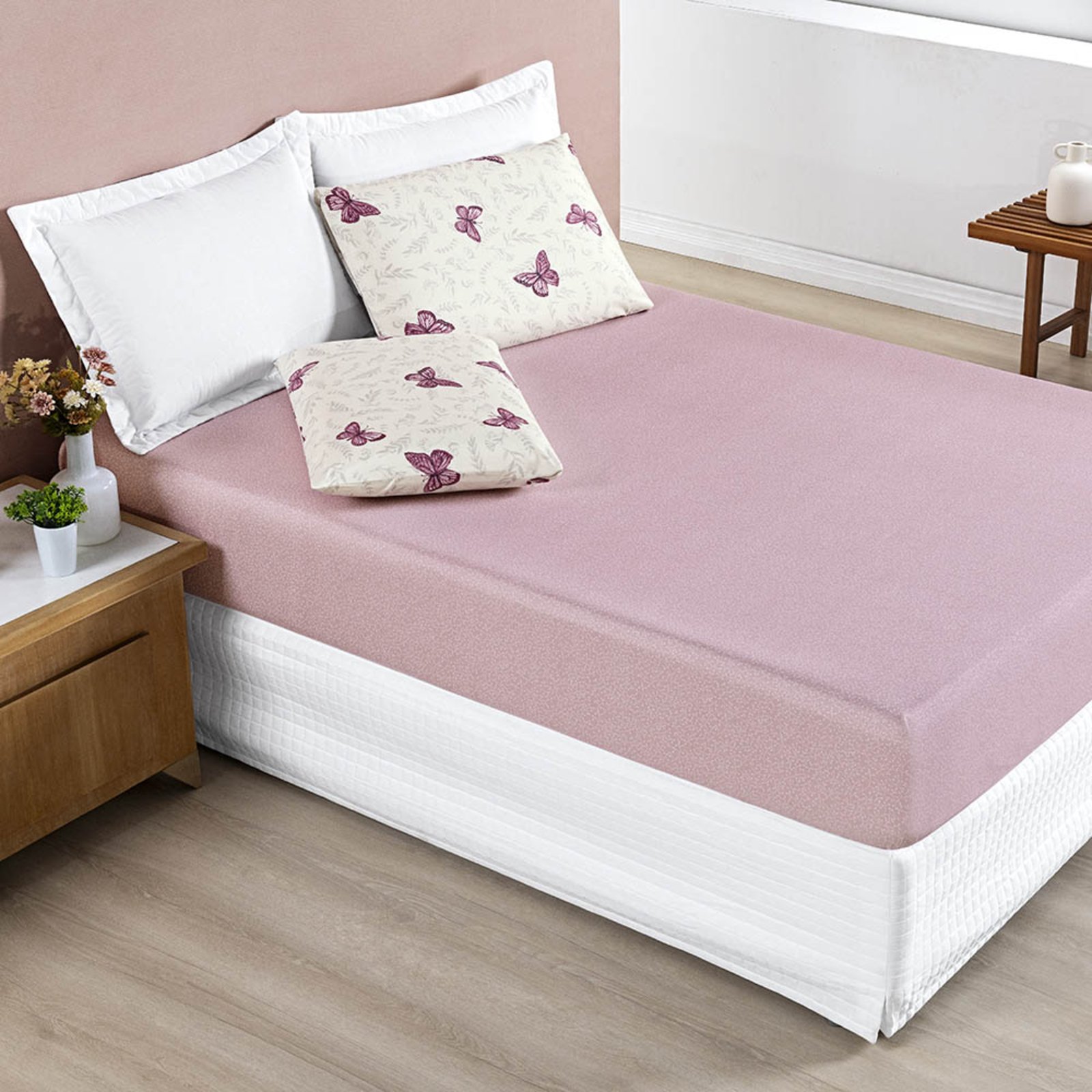 Jogo Cama Lençol Casa Scarpa Celi Queen Micropercal Estampado 200 Fios 3 Peças Borboletas Rosê