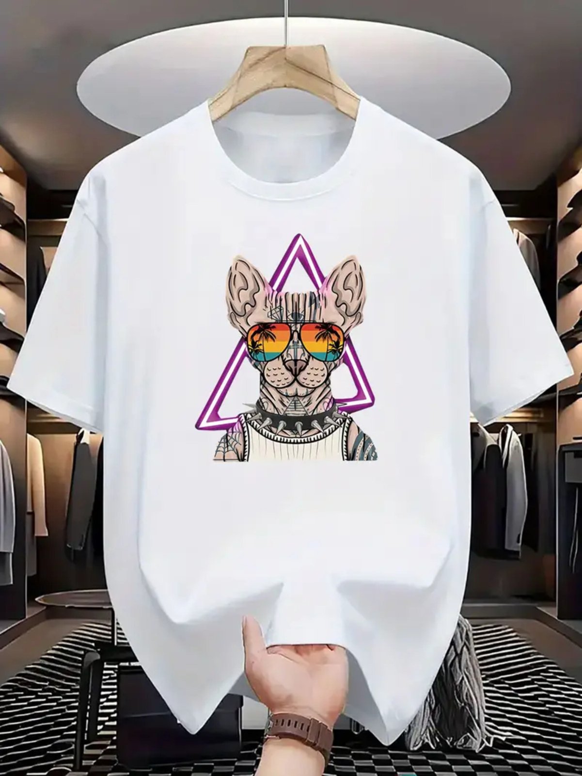 Camiseta Estampada Cat Neon Safira Moda Algodão Branca