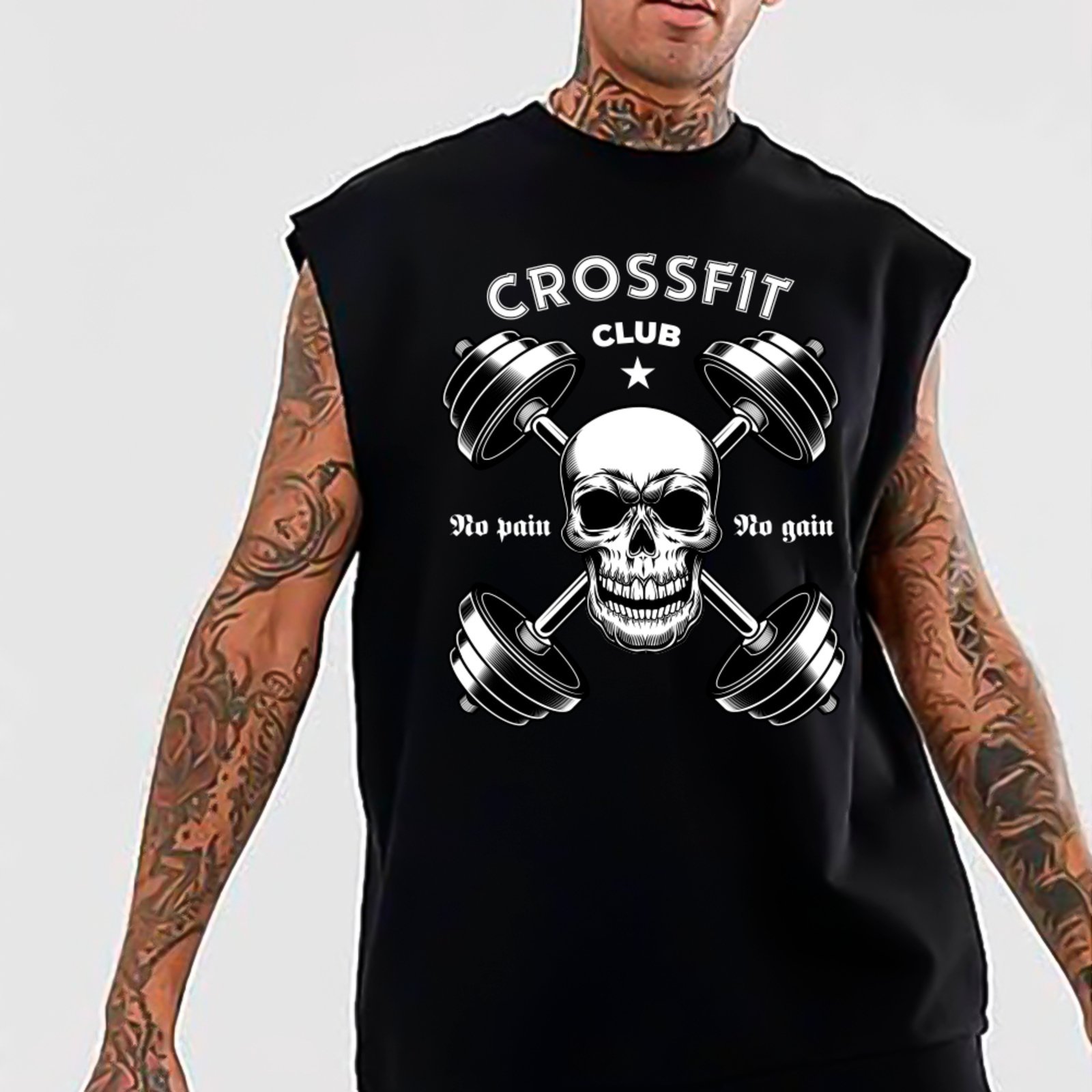 Camiseta Regata Machão Ousy Halteres No Pain No Gain Oversized Masculina Preto