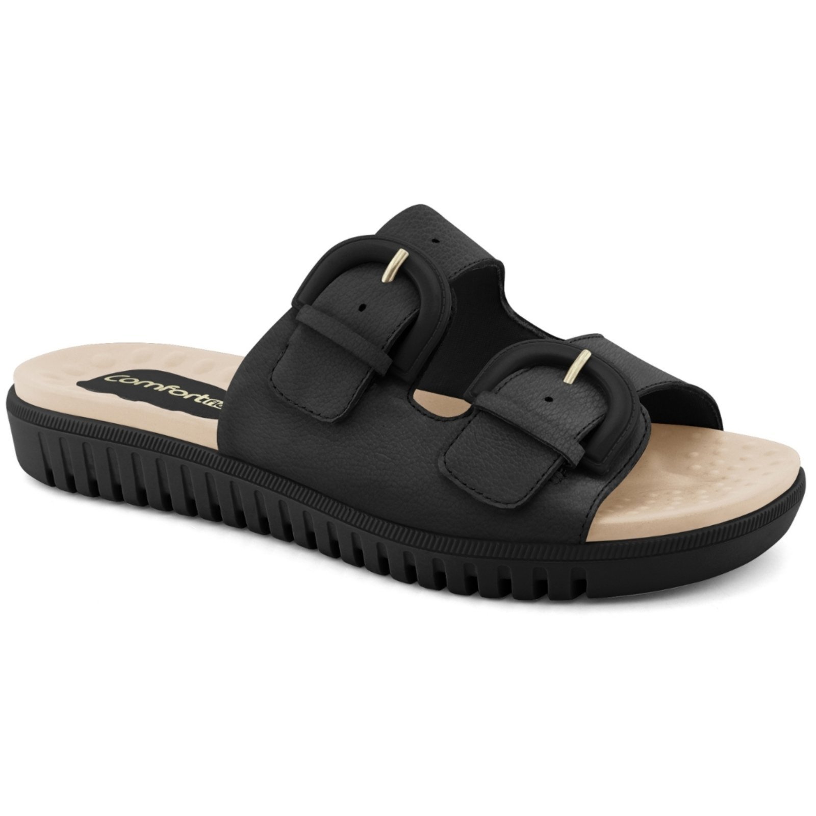 Sandália Flat Feminina Couro Floter Preta Comfortflex 2345404-18