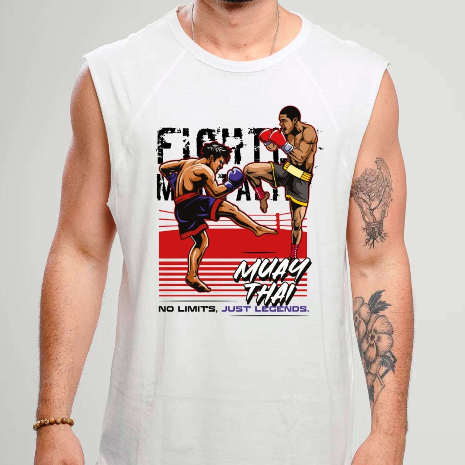 Camiseta Regata Machão Ousy Luta e Força Muay Thai Oversized Masculina Branco