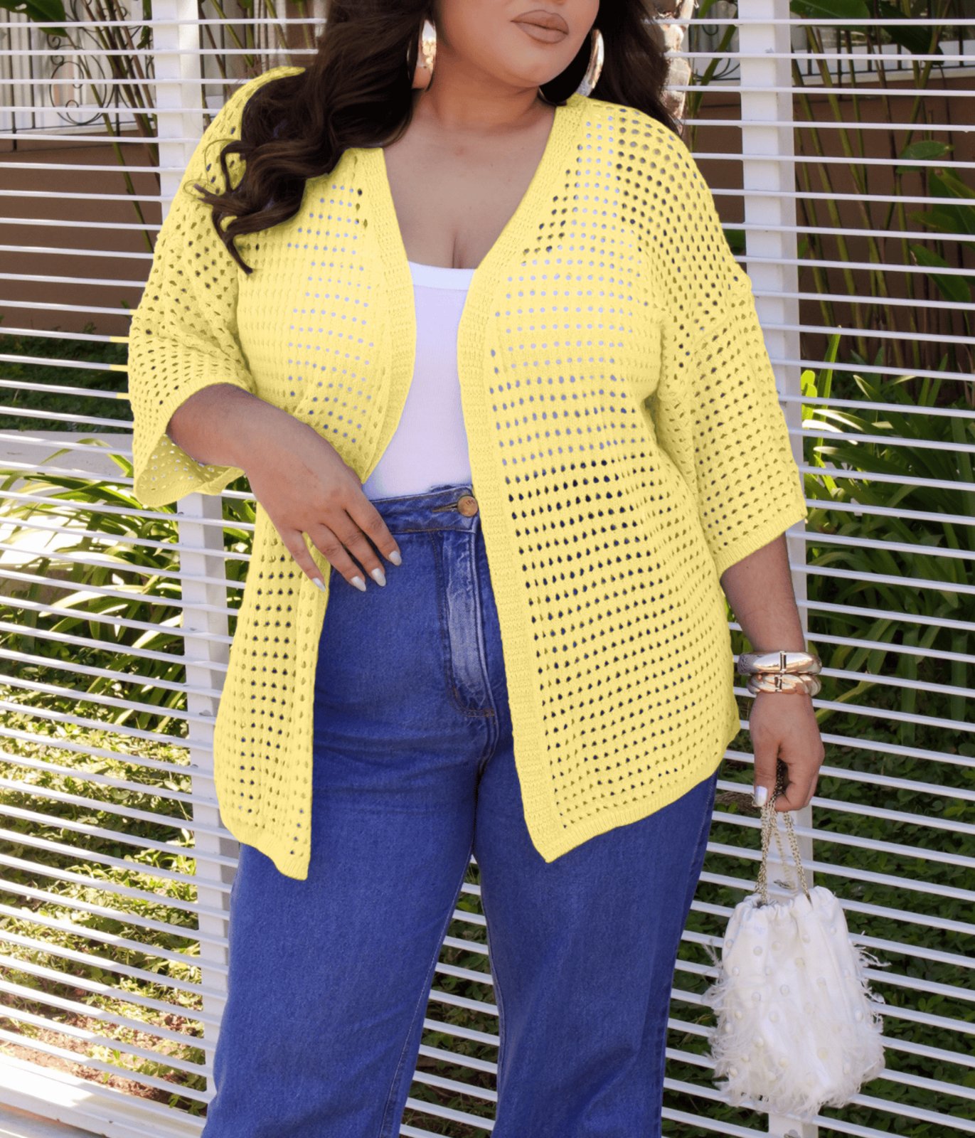 Casaco Cherry Line Kimono Vazado Plus Size Aberto Leve Manga Três Quartos Verão Tricot Amarelo