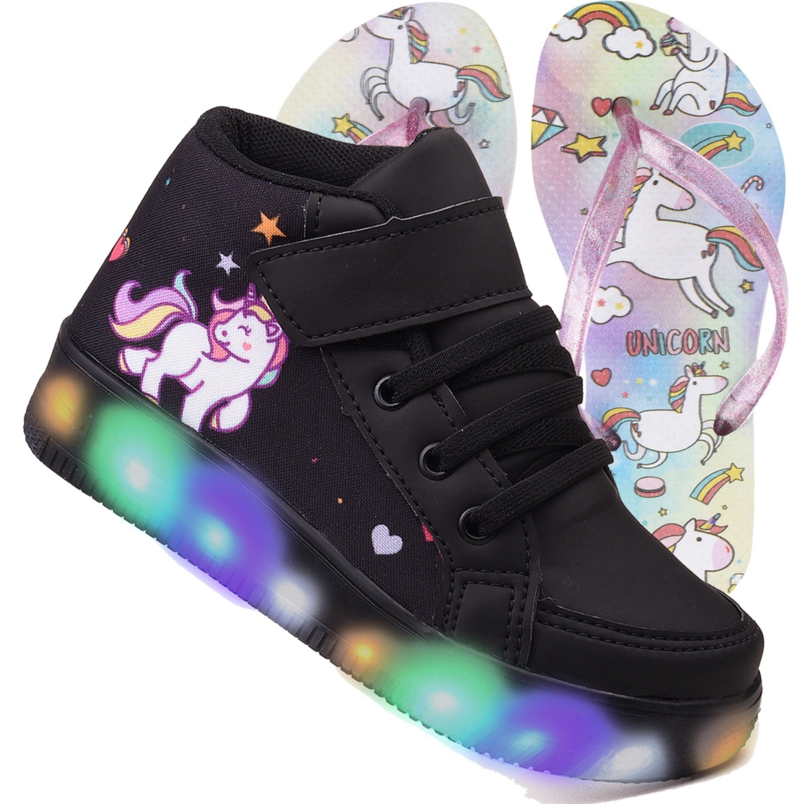 Infantil – Tenis Feminino de Led Botinha Unicornio Meninas Calce Facil + Chinelo
