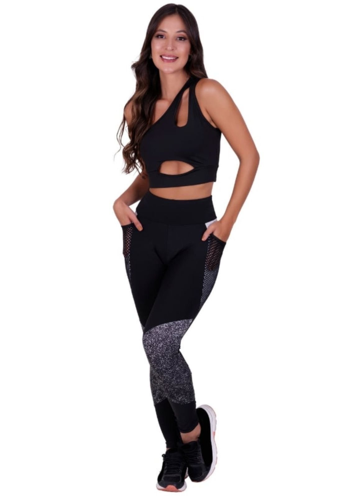 Conjunto Fitness Terra e Mar Calça Legging com Bolso e Top sem bojo Cinza