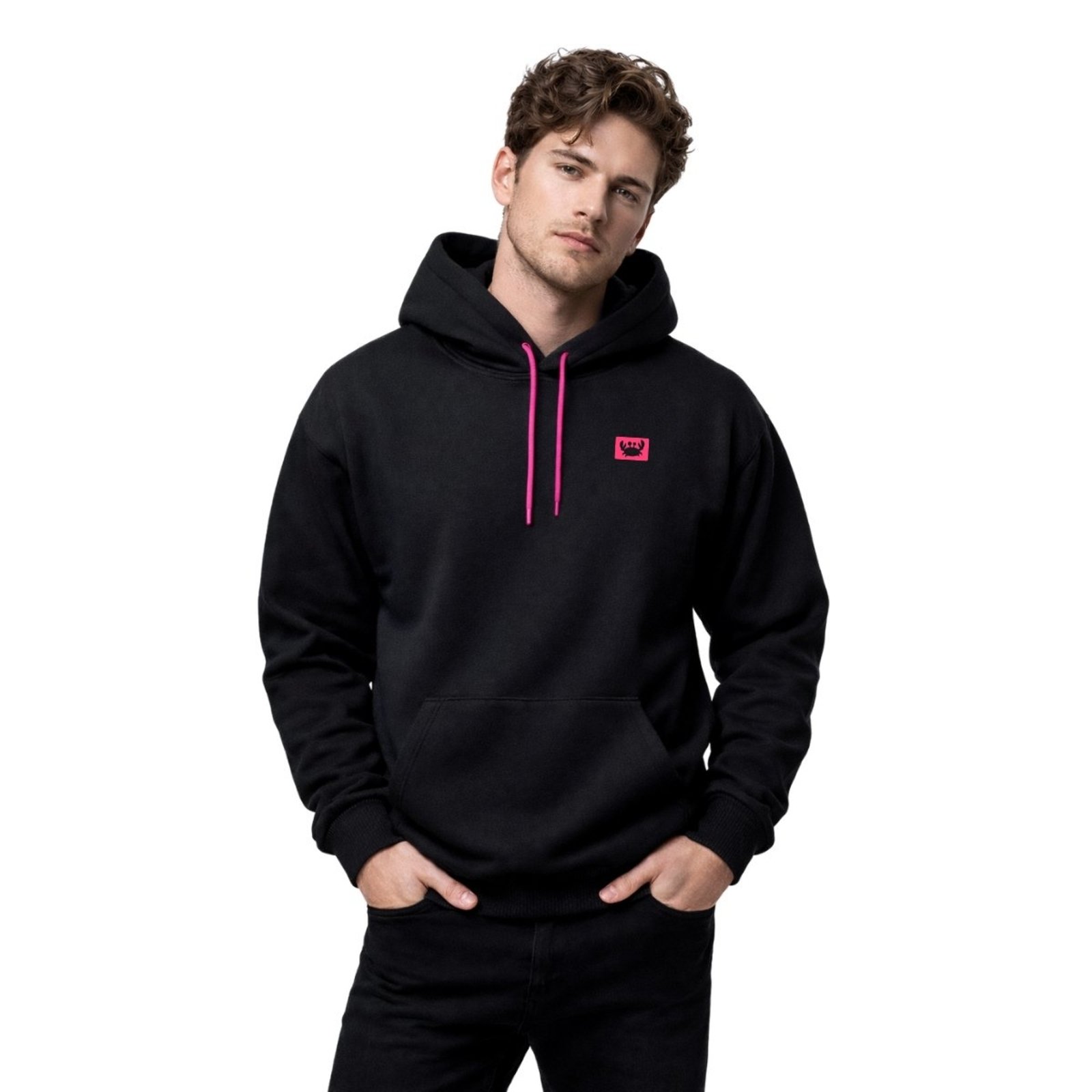 Vista 2 Blusa De Moletom Estampado Siri Relaxado Rosa Neon Com Capuz Bolso Canguru preto/rosa rosa Relaxado preto/rosa rosa