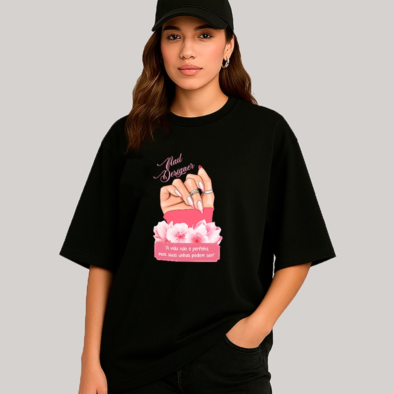Camiseta Ousy Feminina Manicure Nail Designer Suas Unhas Perfeita Oversized Preto