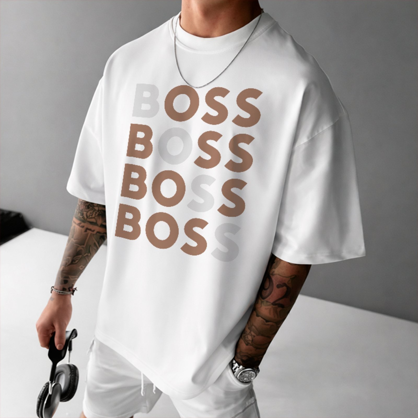 Camiseta Oversized Boss Estilo Urbano Minimalista Hype Branco