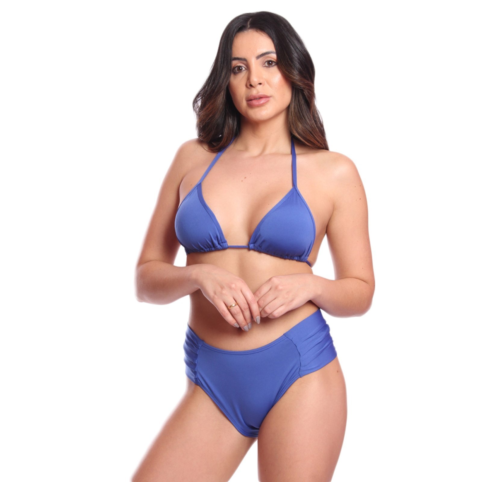 Conjunto Biquíni Feminino Cortininha Calcinha Tangão Largo FMF Royal Azul Royal