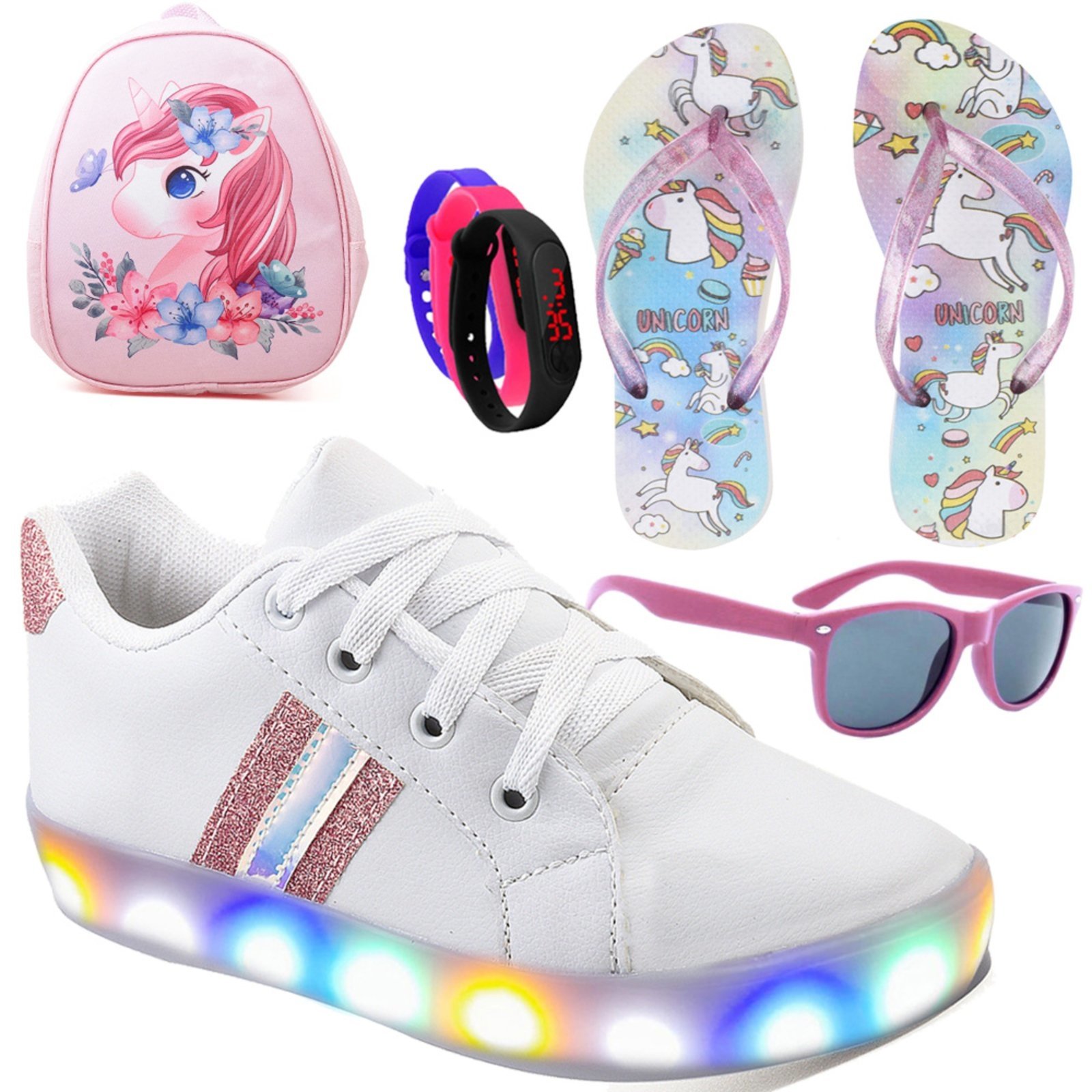 Infantil – Kit Tênis De Led Branco Meninas Brilhante Mochila Chinelo Óculos Relógio