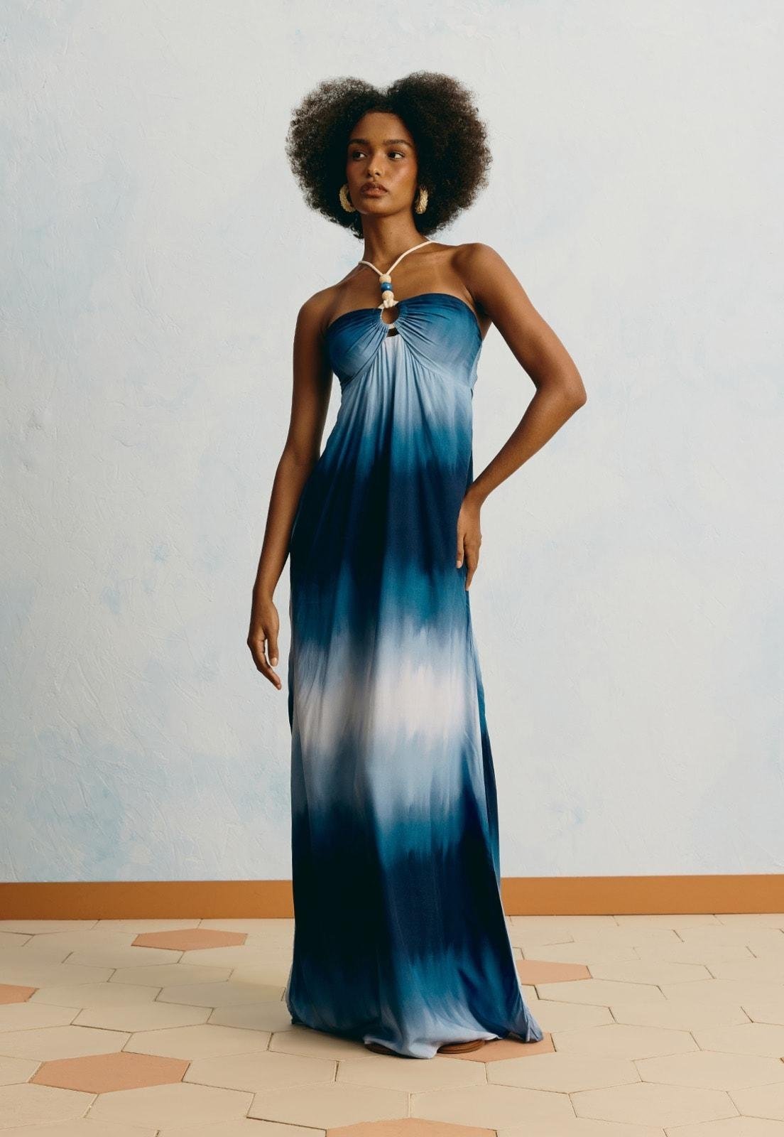Vestido Longo Estampado Brisa Marina Azul