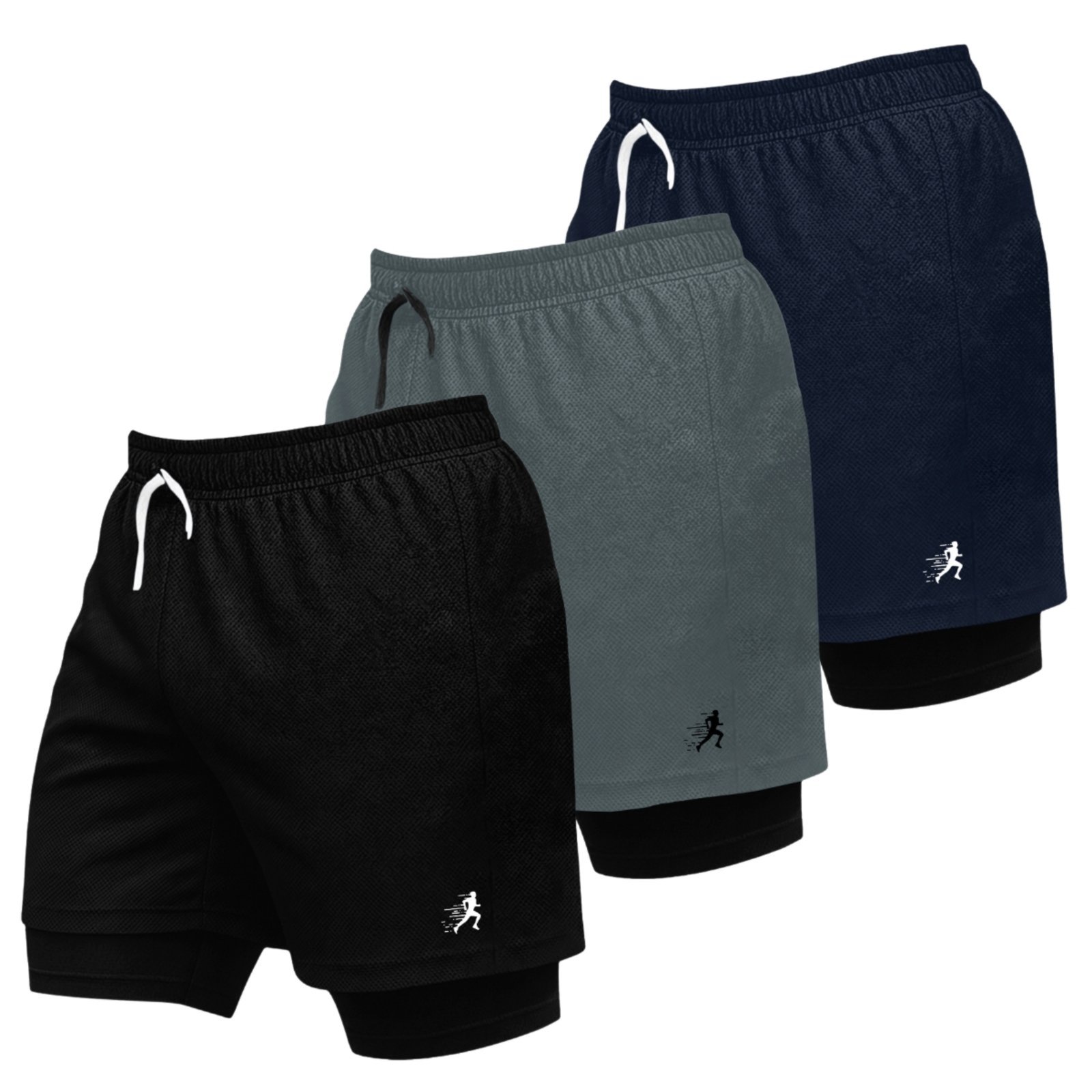Kit 3 Short Treino Dry Fit Térmico 2 em 1 com Bolso para Celular e Porta-Toalha Calção Fitness Academia