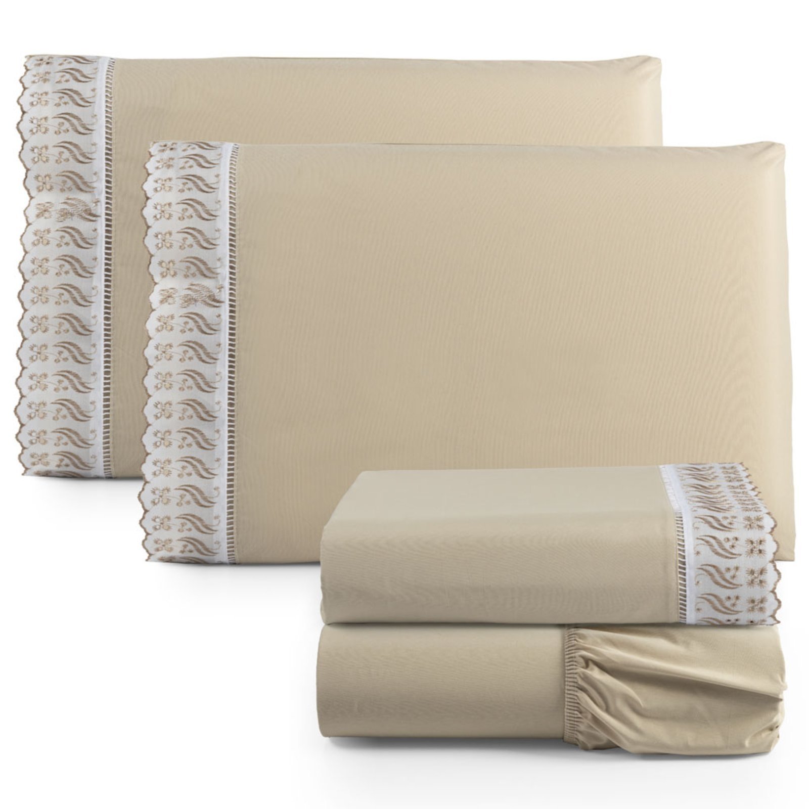 Jogo Cama Lençol Casa Scarpa Paris Casal Padrão Percal 180 Fios Algodão Lese Bordada 4 Peças - Castor