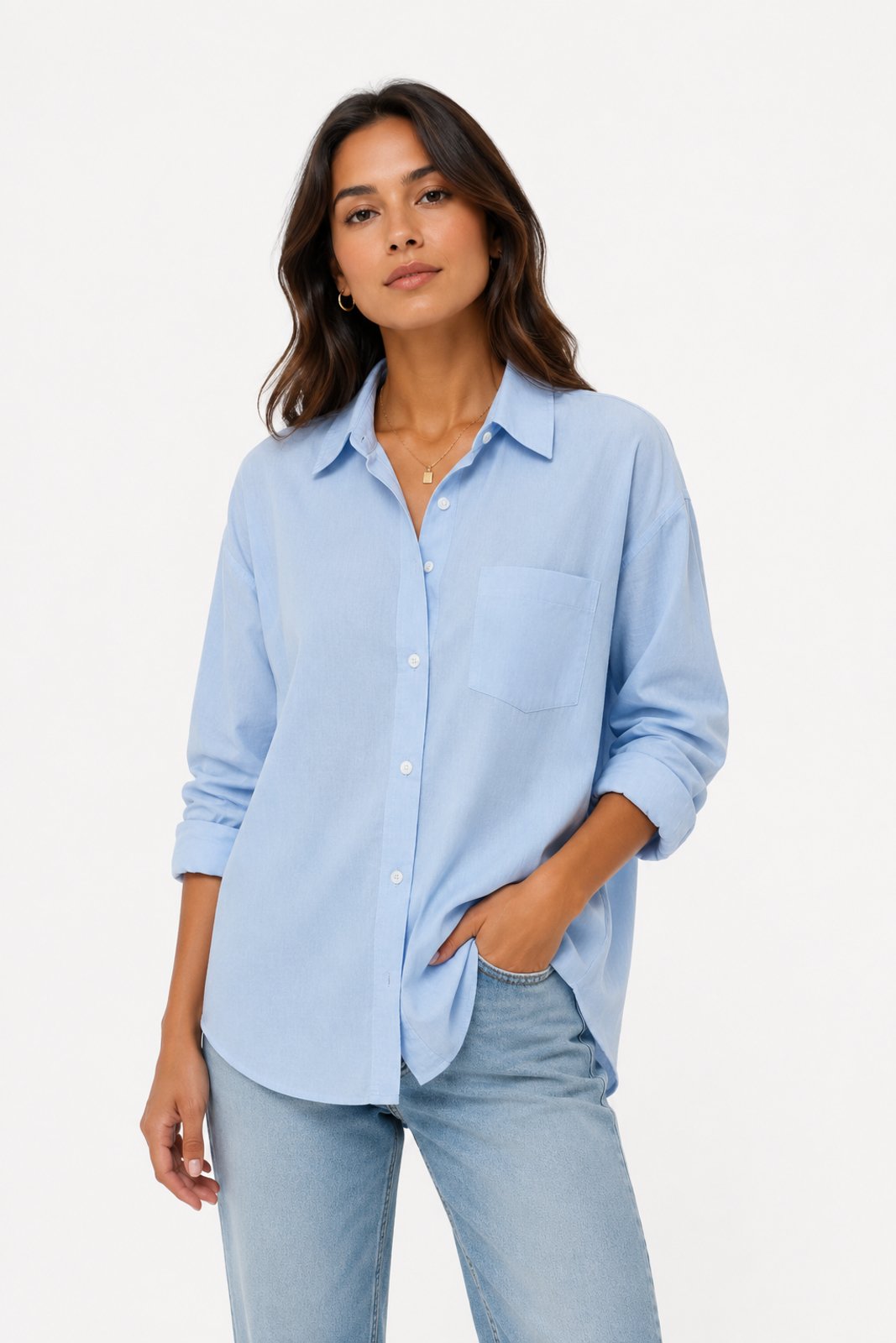 Camisa Feminina D Bell Outlet Fashion Linho Azul Claro