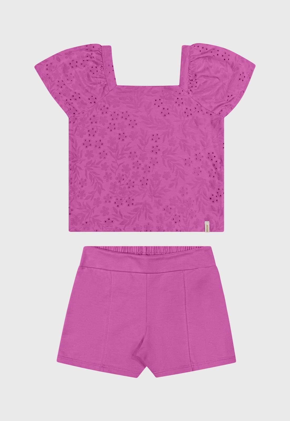 Infantil - Conjunto Elian Blusa Babados Decote Quadrado e Short Lilás