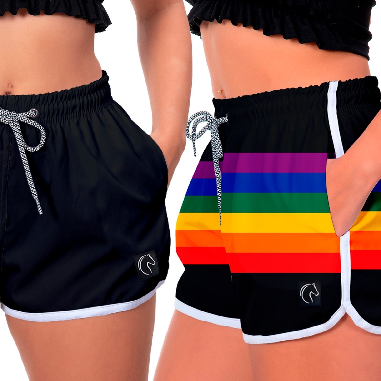 Kit 2 Shorts Feminino Premium Secagem Rápida com Elástico Cordão Ajustável e Bolsos Moda Praia Casual ou Treino Academia Preto e Arco-Íris