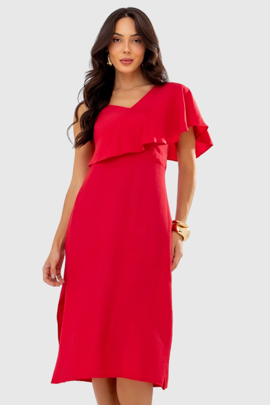 Vestido Feminino Amora Café Midi com Babados Vermelho