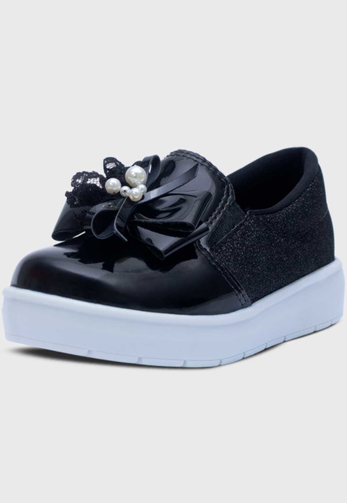Infantil – Tenis Slip On Feminino Pópidi Laço Perola Renda Preto