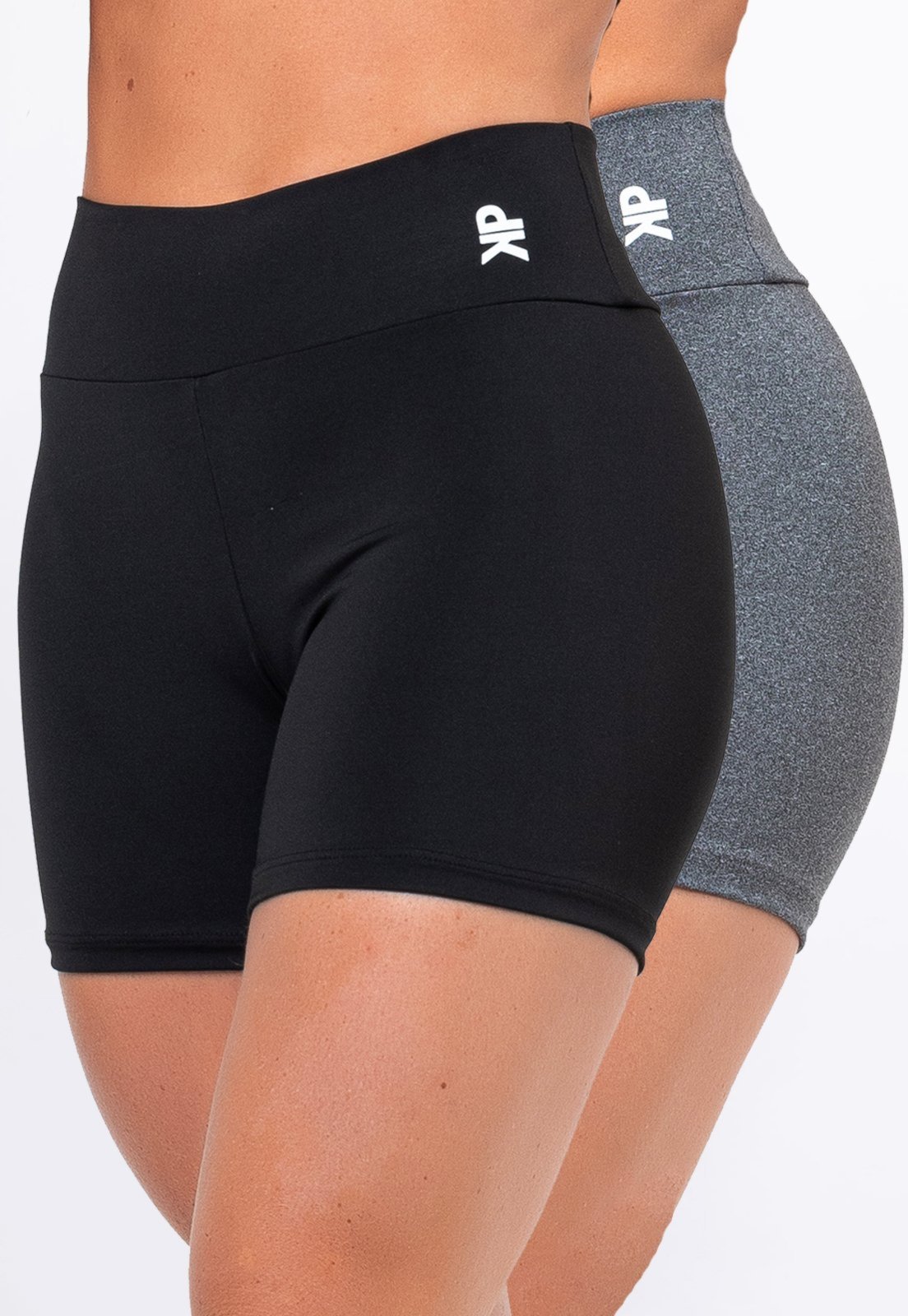 Kit 2 Short Fitness Meia Coxa Cintura Alta Zero Transparência Blackout Academia Feminino – Preto + Cinza
