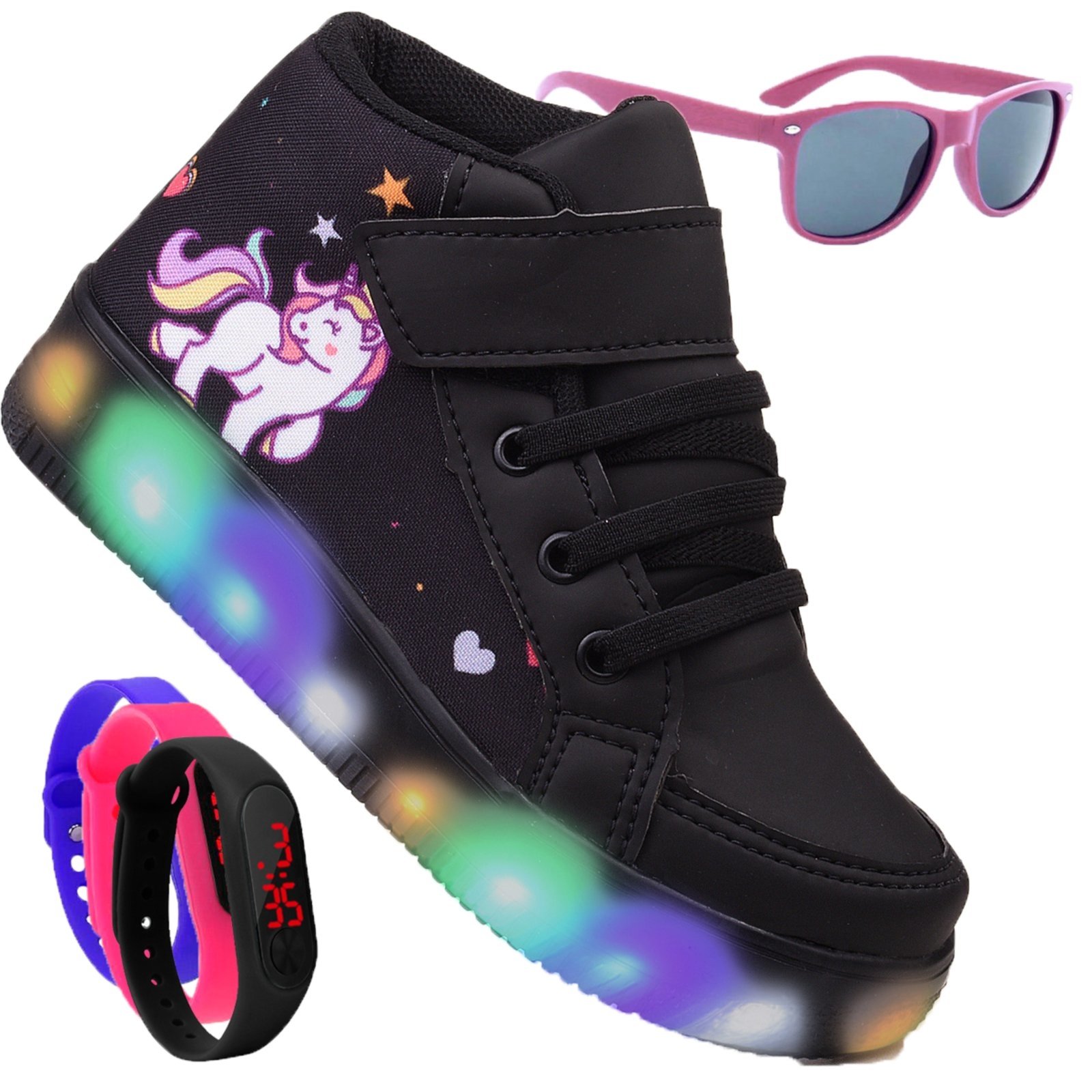 Infantil – Kit Tênis De Led Botinha Unicornio Preto Meninas Óculos e Relógio