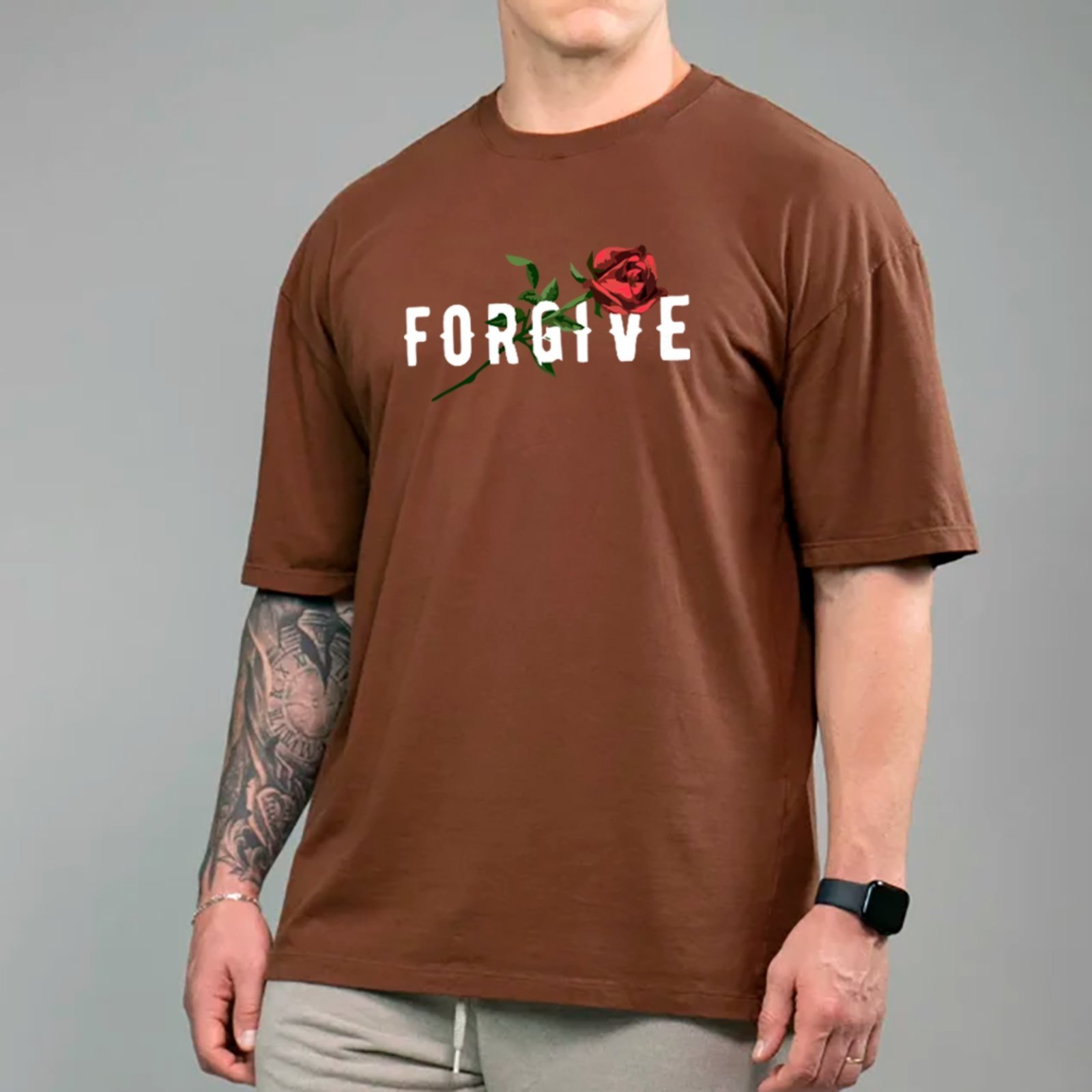 Camiseta Ousy Forgive Rosa Vermelha Oversized Unissex Marrom