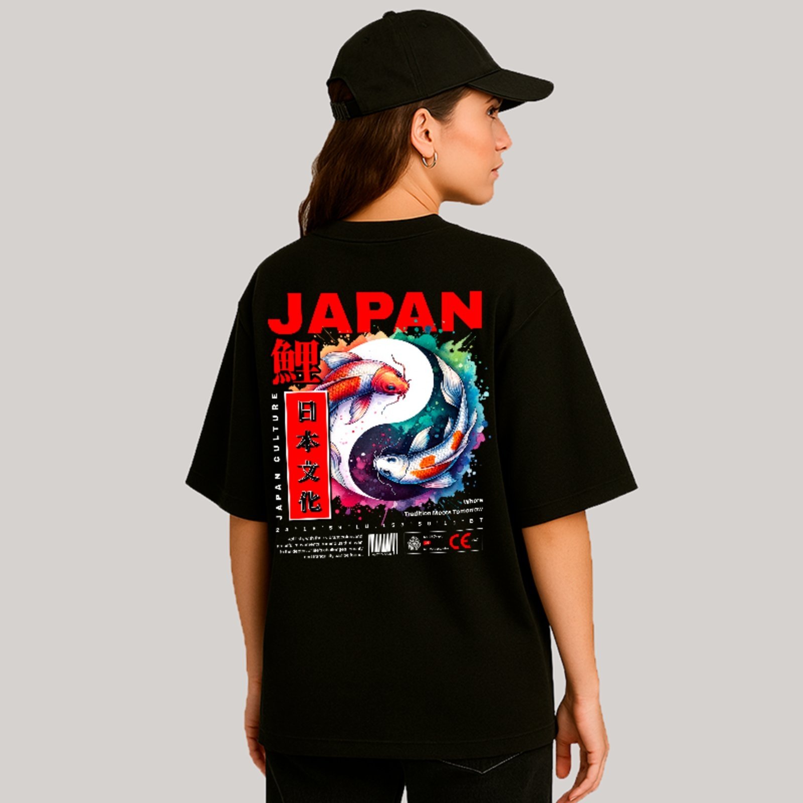 Camiseta Oversized Premium Japão Carpas Koi Arte Japonesa Unissex Preto