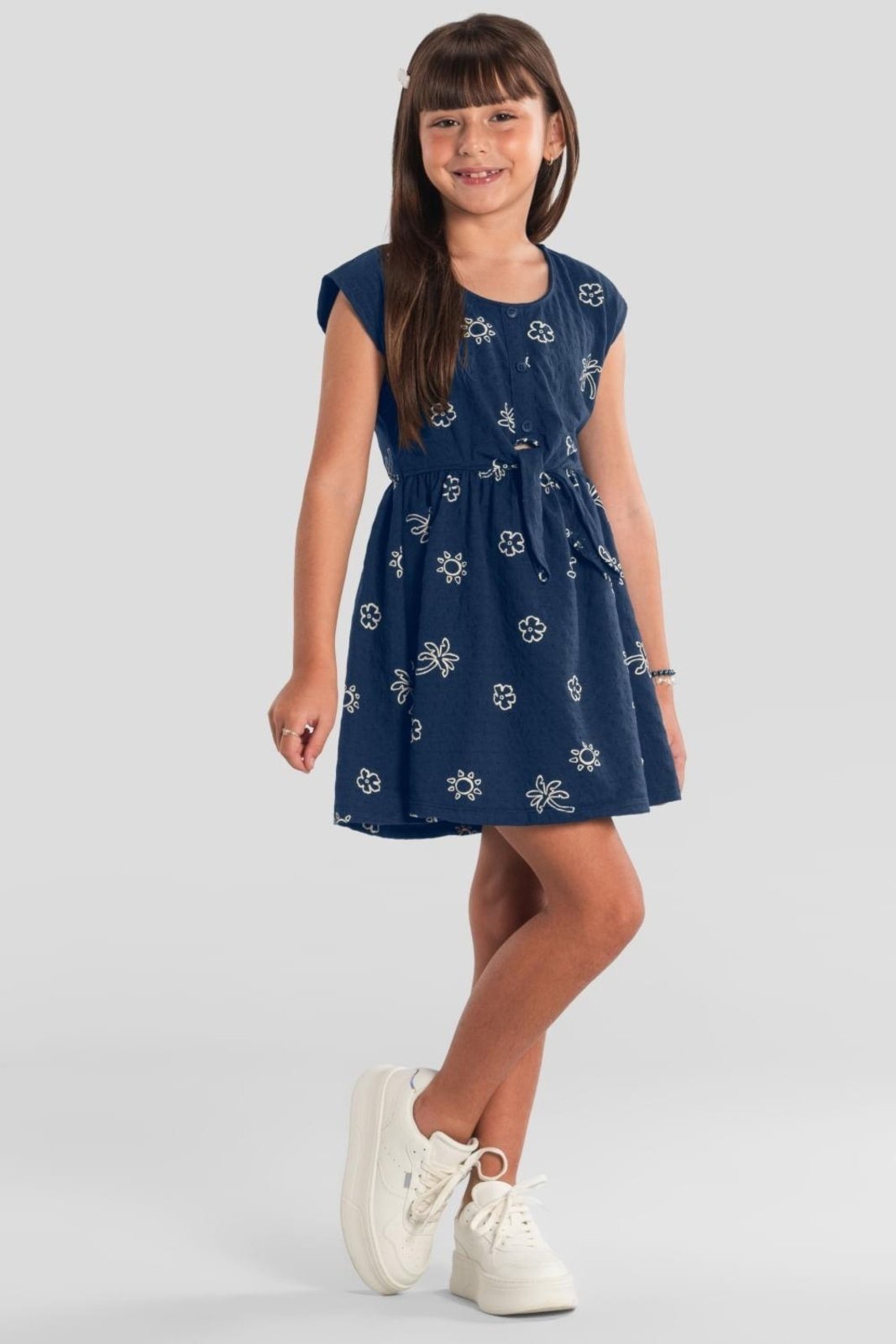 Infantil - Vestido menina tropical texturizado Brandili -Azul