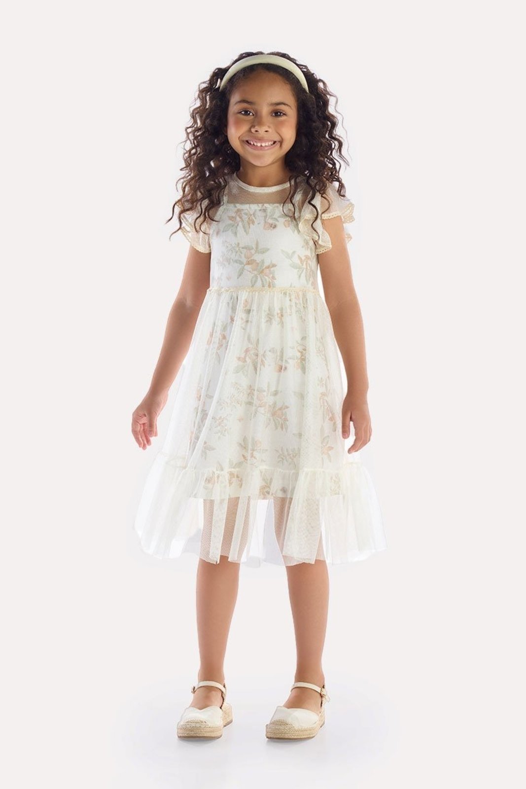 Infantil - Vestido Estampado com Sobreposição em Tule Caramelo