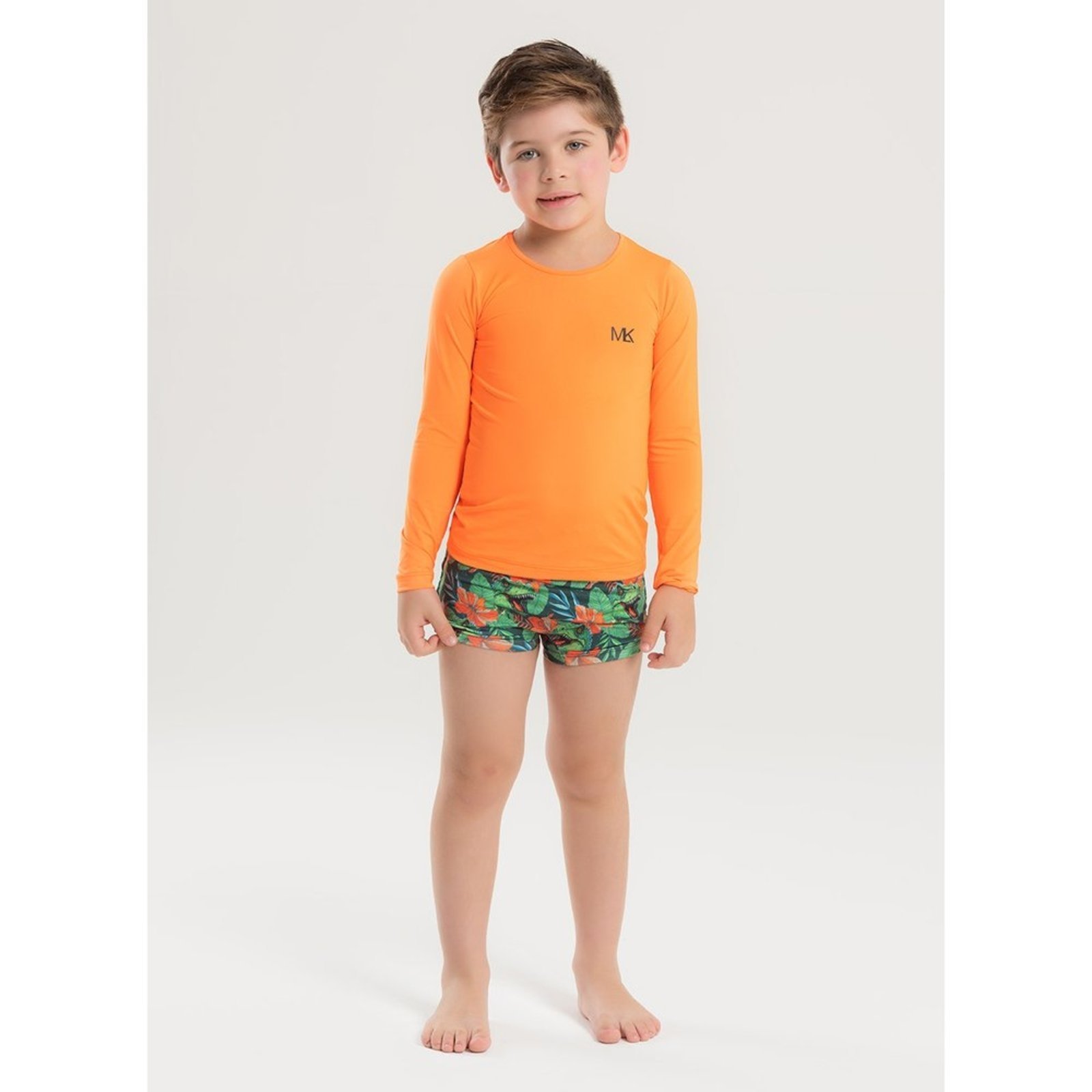 Conjunto Praia Menino Laranja Camiseta Manga Longa e Sunga Dino na Selva