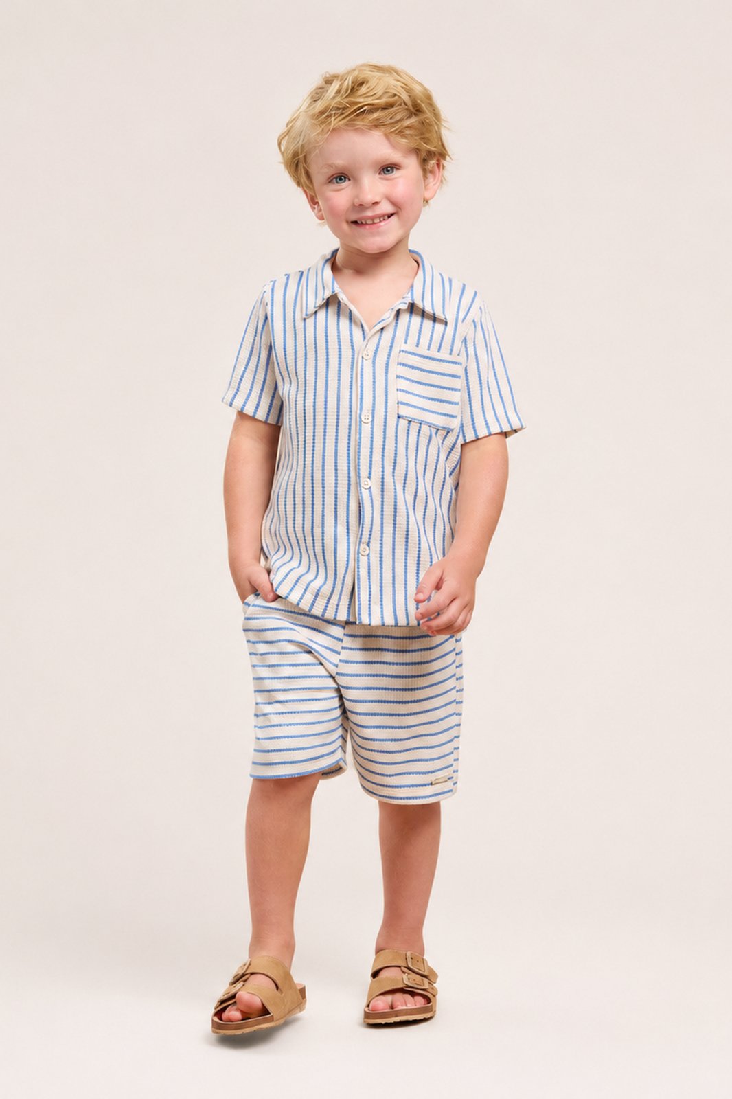 Infantil - Conjunto Menino Verão Tricot Listrado Azul