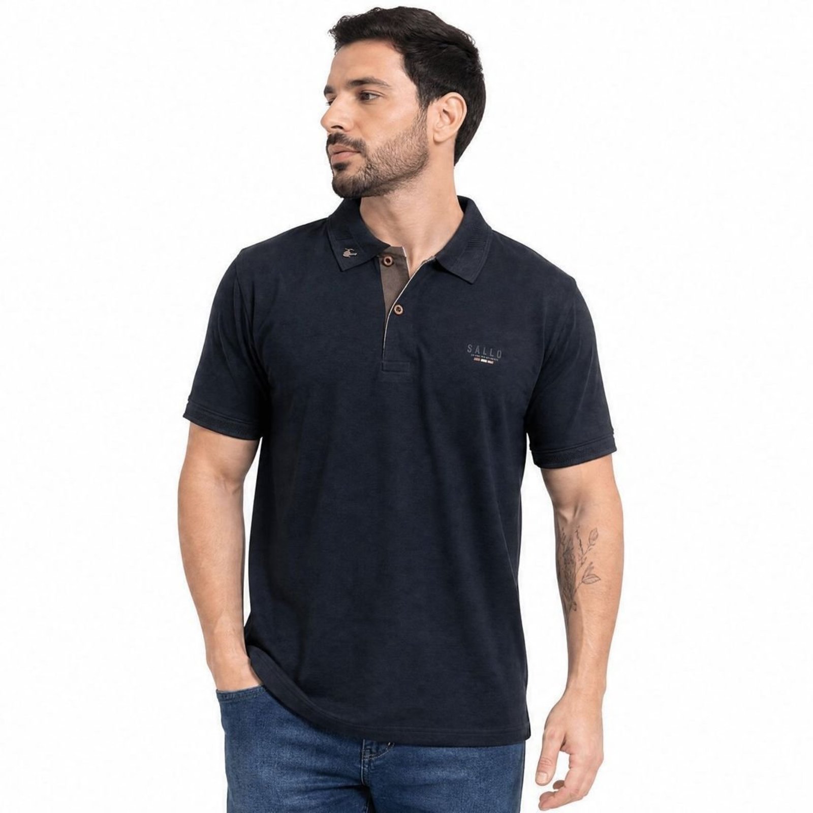 Camisa Polo Masculina Sallo Slim Fit Preta 0056 - Preto - Sallo