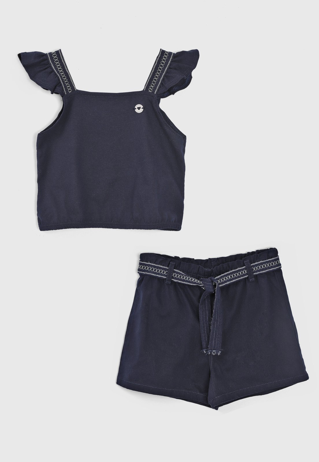 Infantil – Conjunto Curto Brandili Blusa Alças Com Babados e Shorts Clochard Azul Marinho