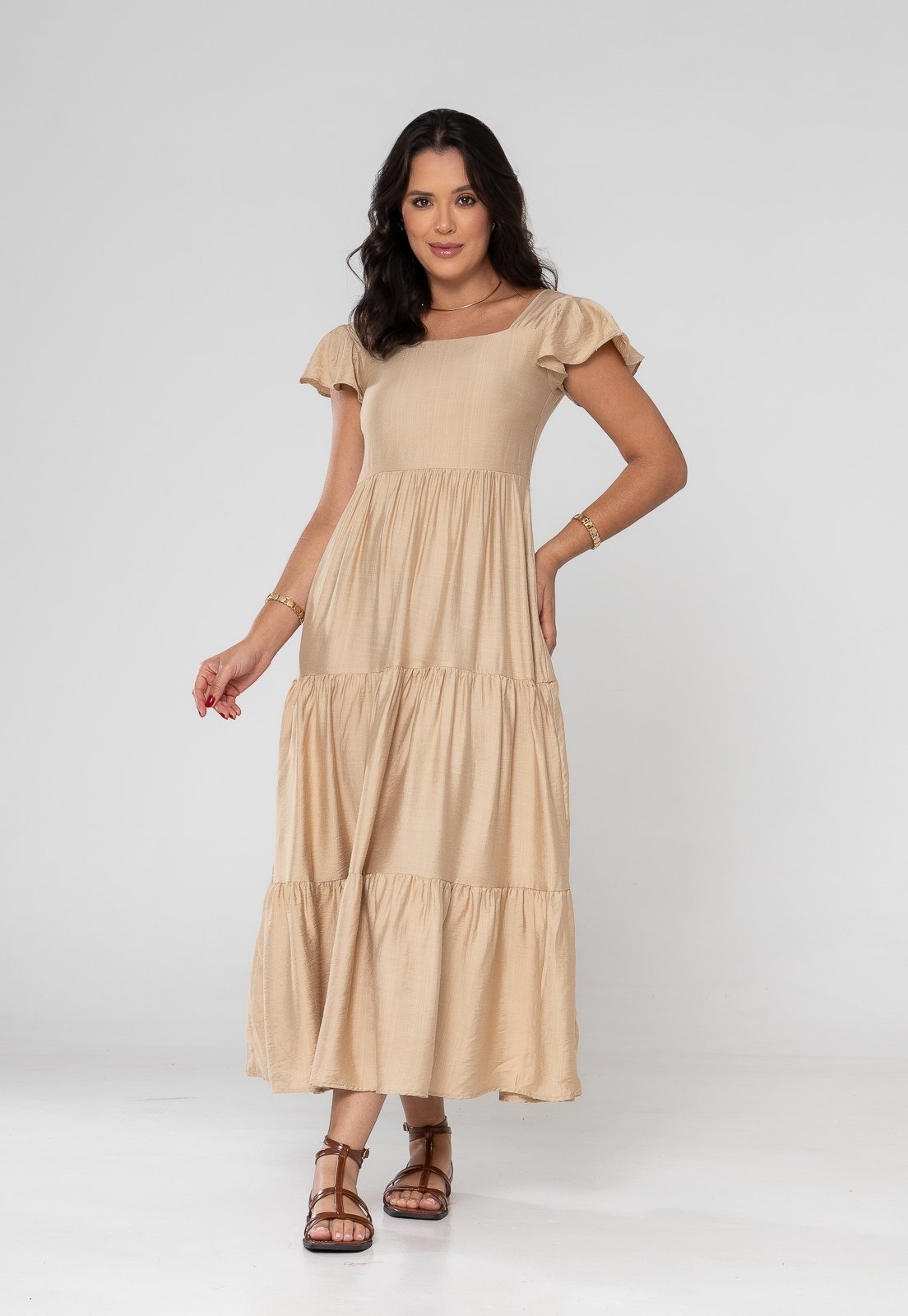Vestido Aura Débora Viscoamida Liso Bege