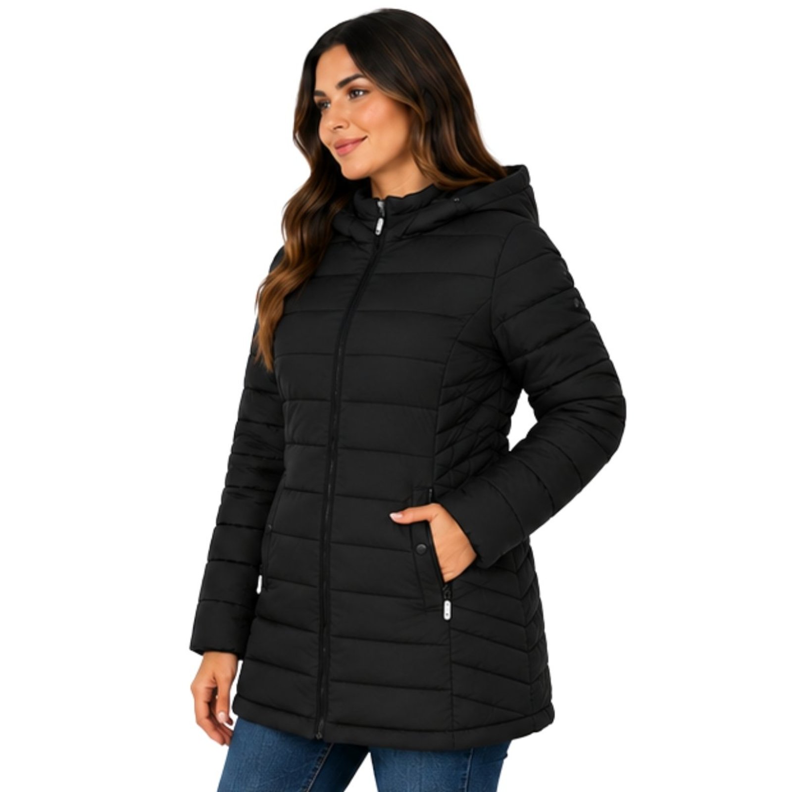 Jaqueta Parka Puffer Feminina Longa Inverno Capuz Casaco Nylon Premium Preto