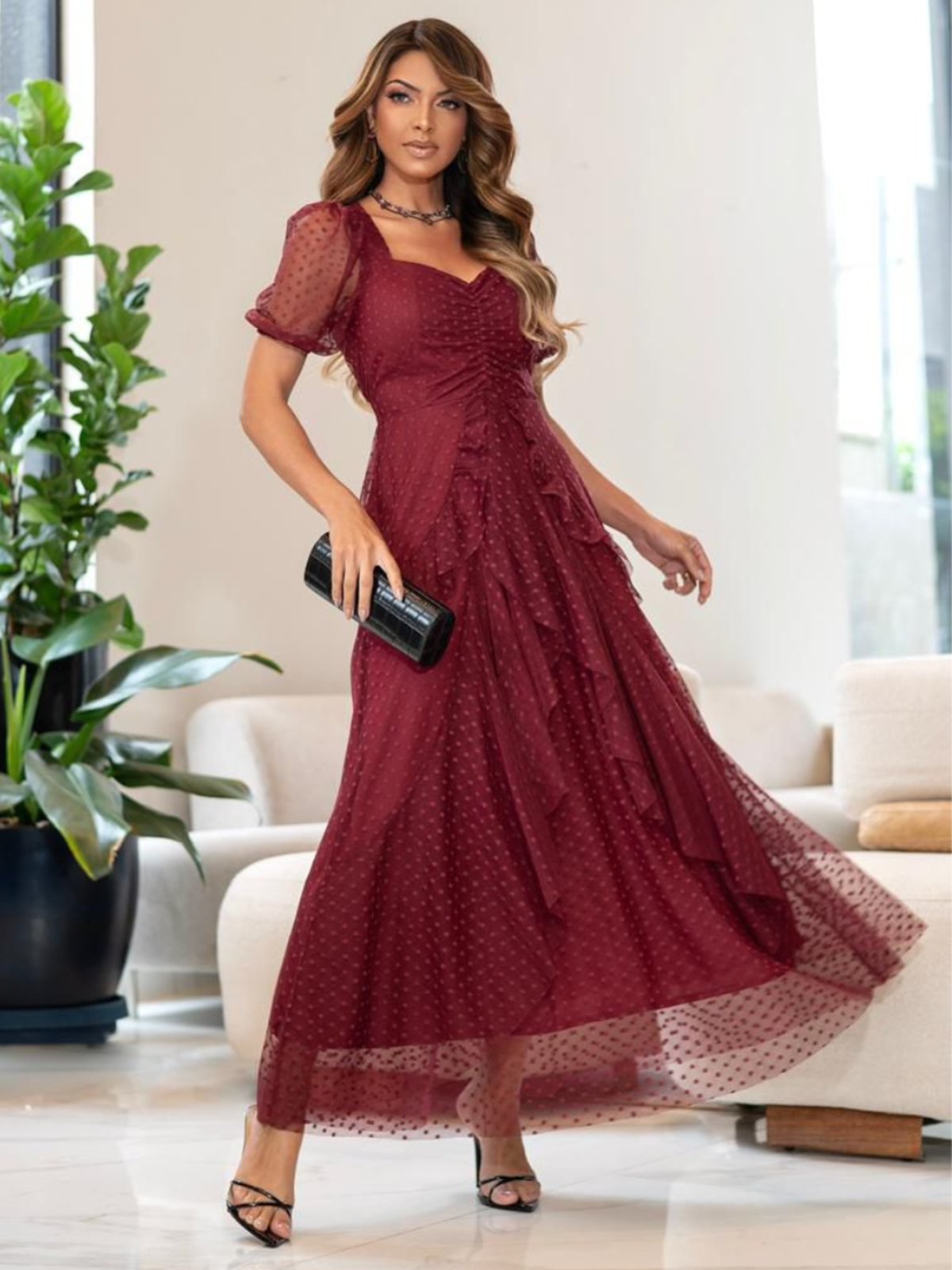 Vestido de Festa Longo Tule com Babado Drapeado Social Elegante Social Marsala