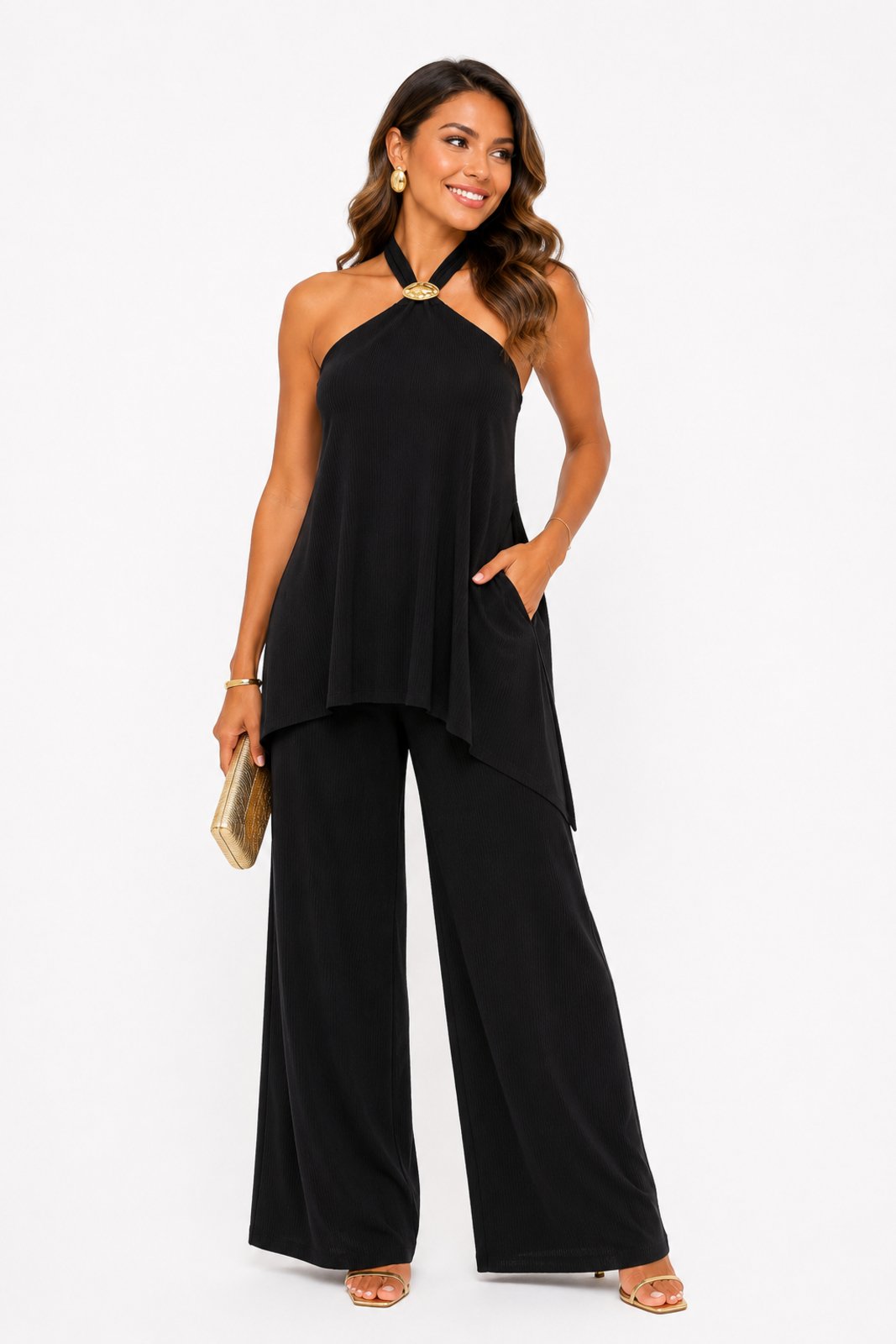 Conjunto Feminino D Bell Outlet Fashion Pantalona Frente Única Detalhe Dourado Preto