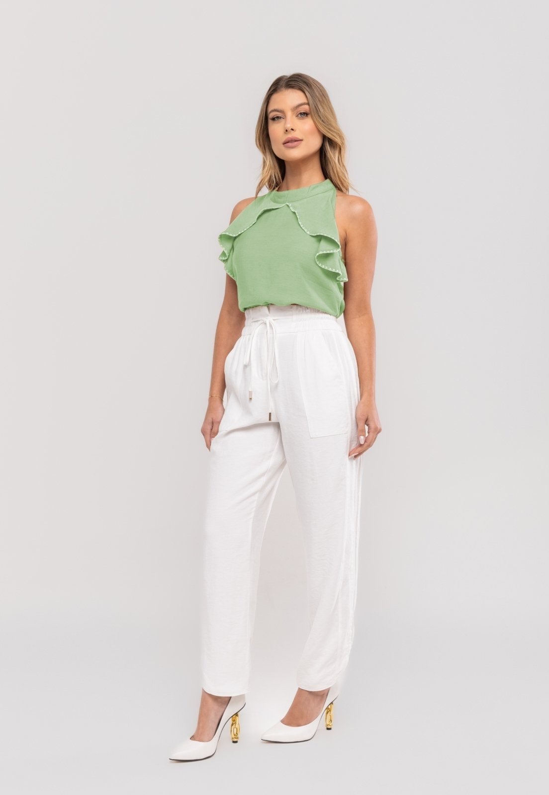 Regata Feminina Com Babado e Gola Alta Em Viscolinho Salvatore Verde
