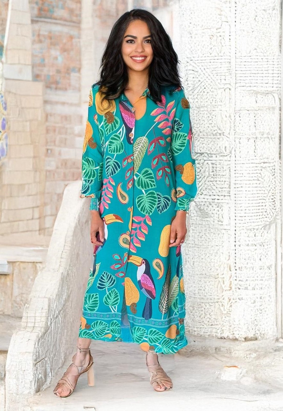 Vista 2 Vestido Cabanafree Chemise Viscose Alegria Tropical Cabanafree amarelo/azul/vermelho