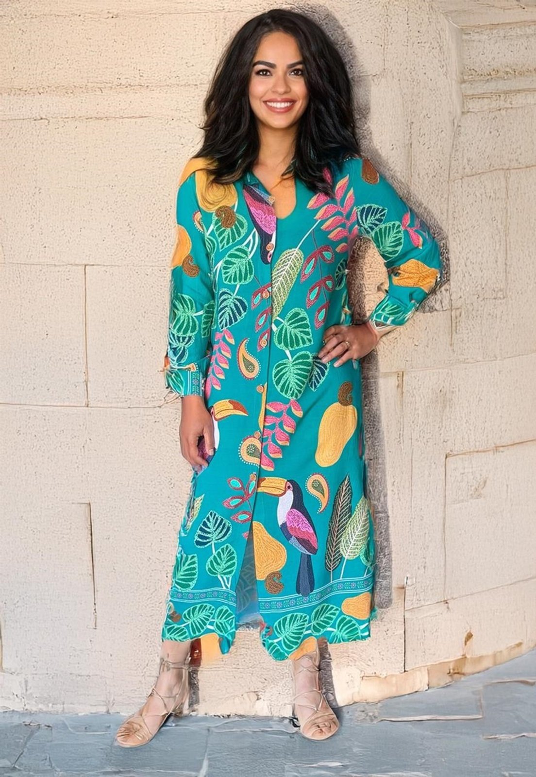 Vista 3 Vestido Cabanafree Chemise Viscose Alegria Tropical Cabanafree amarelo/azul/vermelho
