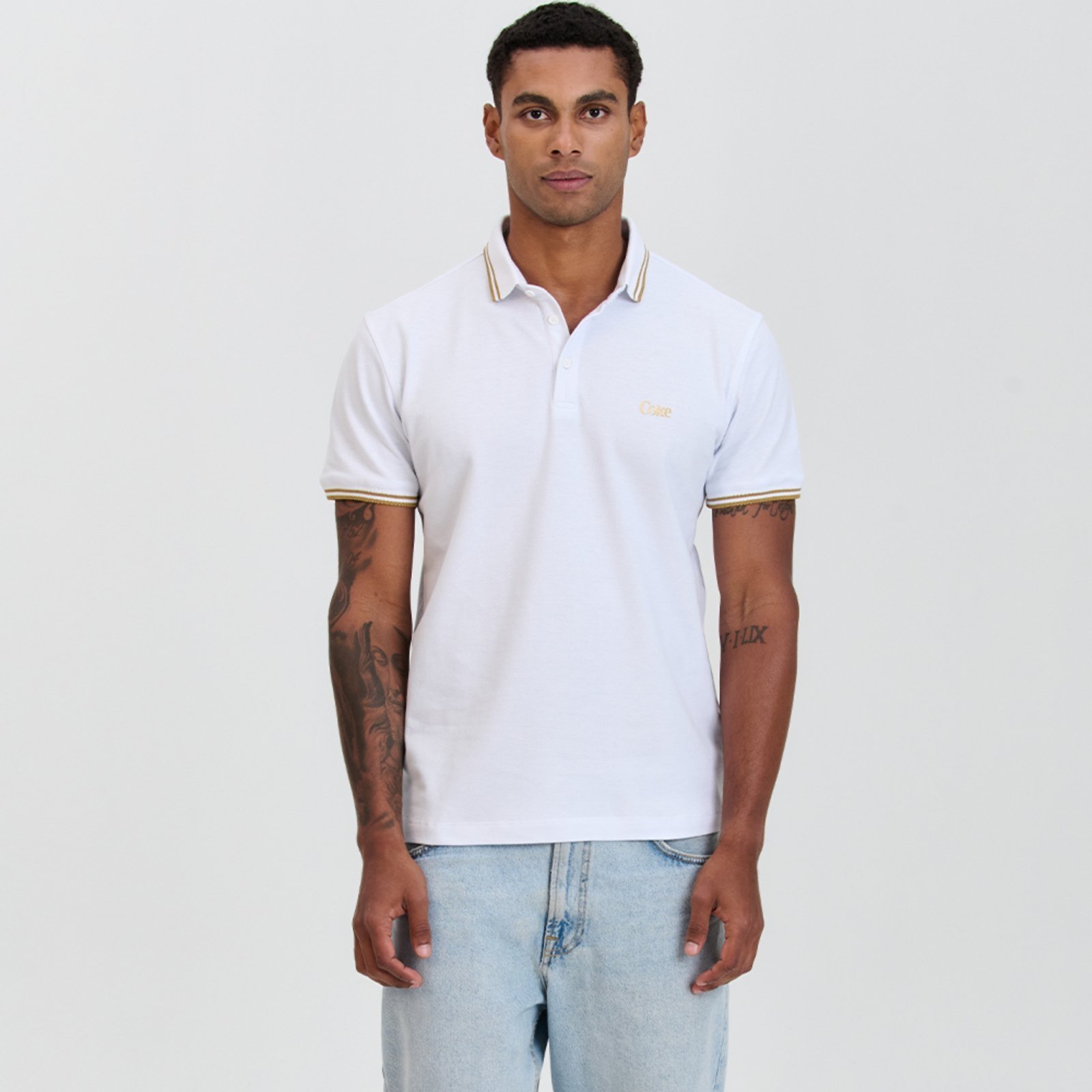 Camiseta Gola Polo Masculina Gold Coke Coca-Cola Jeans Branco Óptico