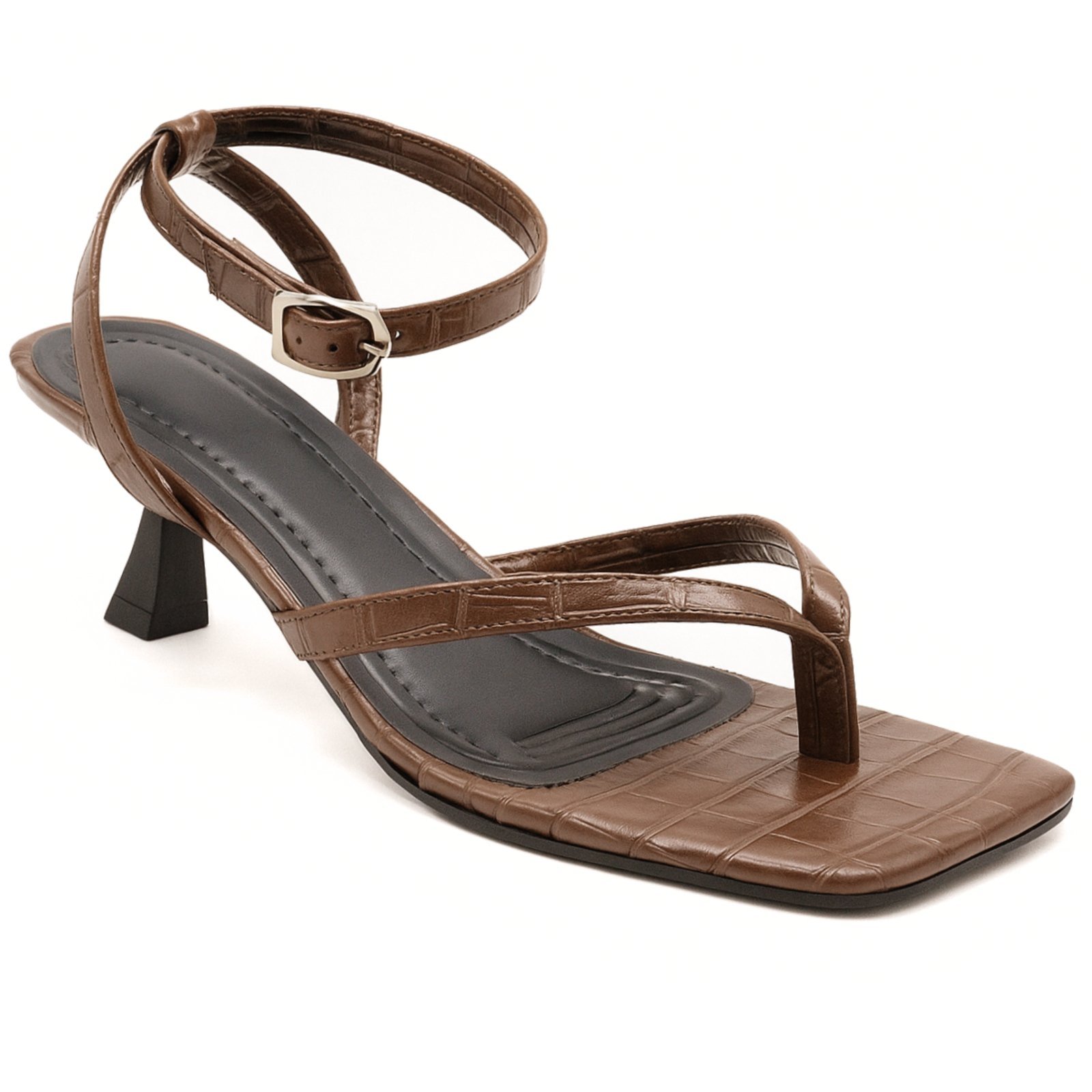 Sandáilia Feminina De Dedo Salto Baixo Fino 5412 Croco Cacau Flor Da Pele