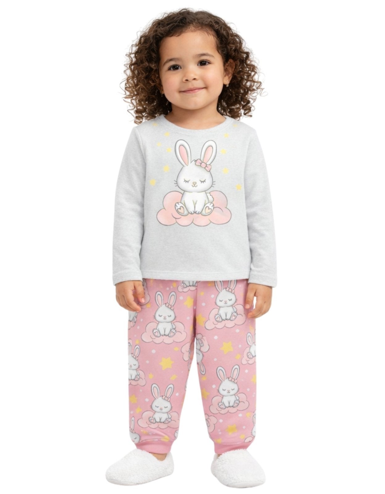Vista 2 Pijama 2pçs Manga Longa e Calça Kyly Coelho Mescla cinza Kyly cinza