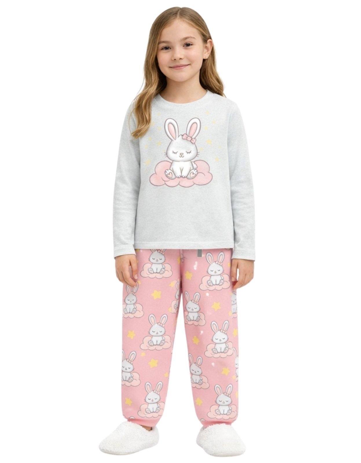 Vista 3 Pijama 2pçs Manga Longa e Calça Kyly Coelho Mescla cinza Kyly cinza