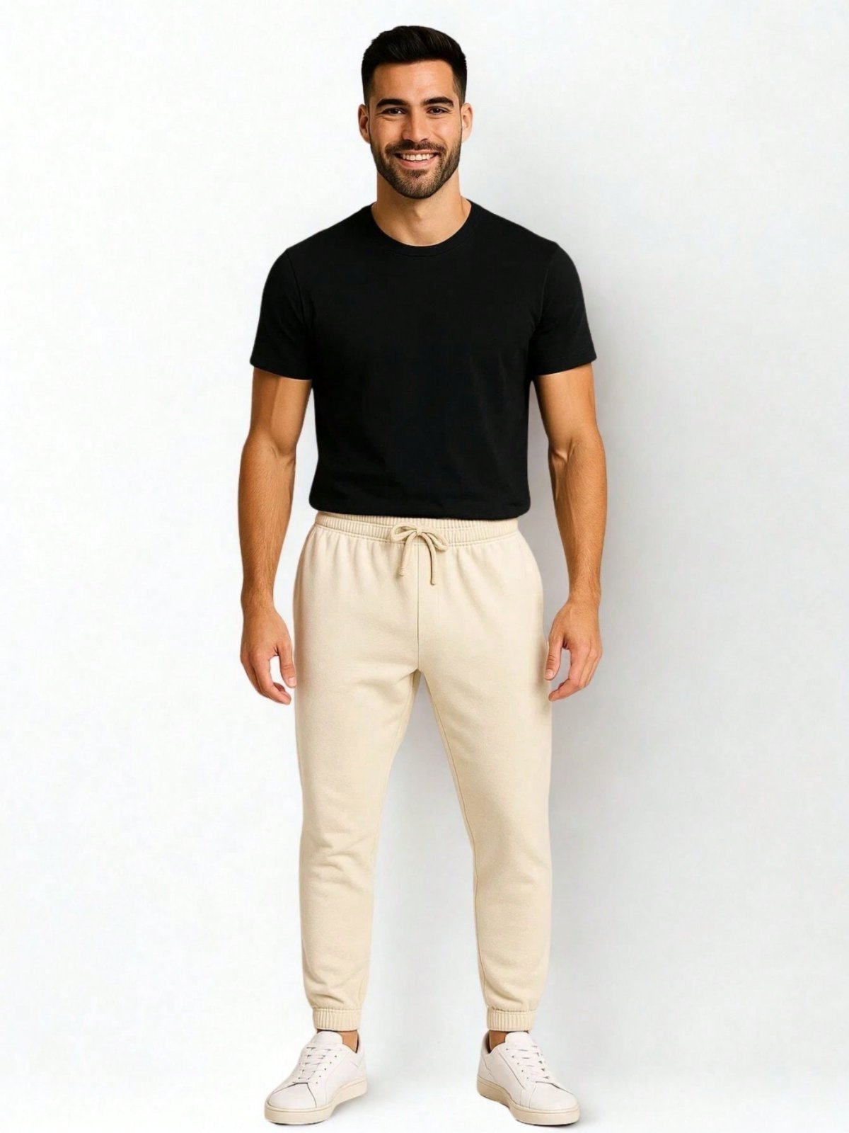 Calça de Moletom Masculina Jogger Bege Creme Básica Forrado Felpudo Flanelado com Bolso